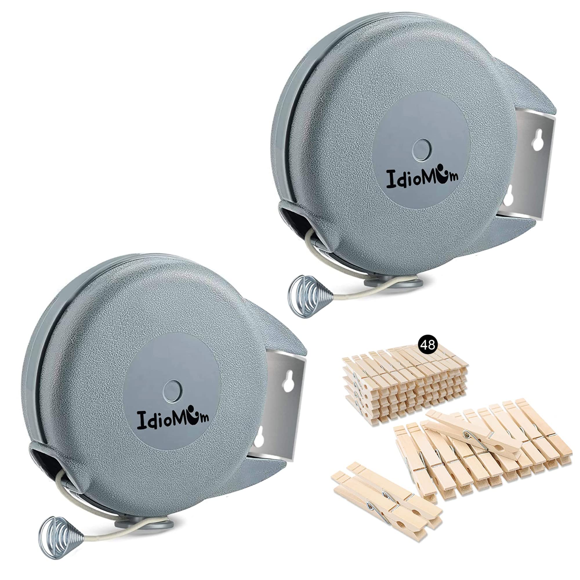 Idiomum Pack Of 2 Retractable Clothesline 40 Feet With 48 Clothes Pins | Heavy Duty Laundry Line Retractable | Pvc Clothes Line