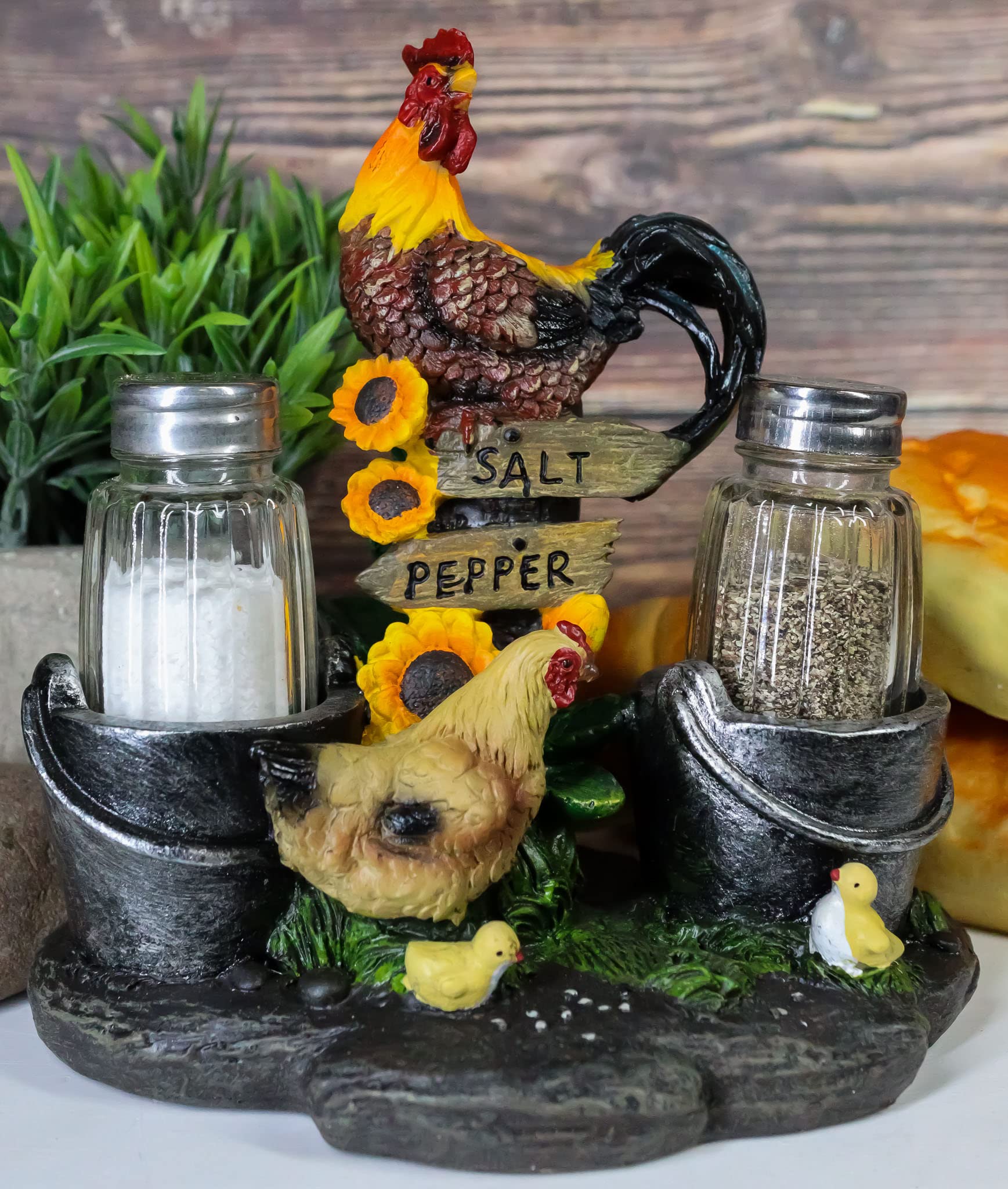 Ebros Gift Country Farm Barnyard Rooster Hen And Chicks Family By Pails And Sunflowers Salt And Pepper Shakers Holder Figurine 7