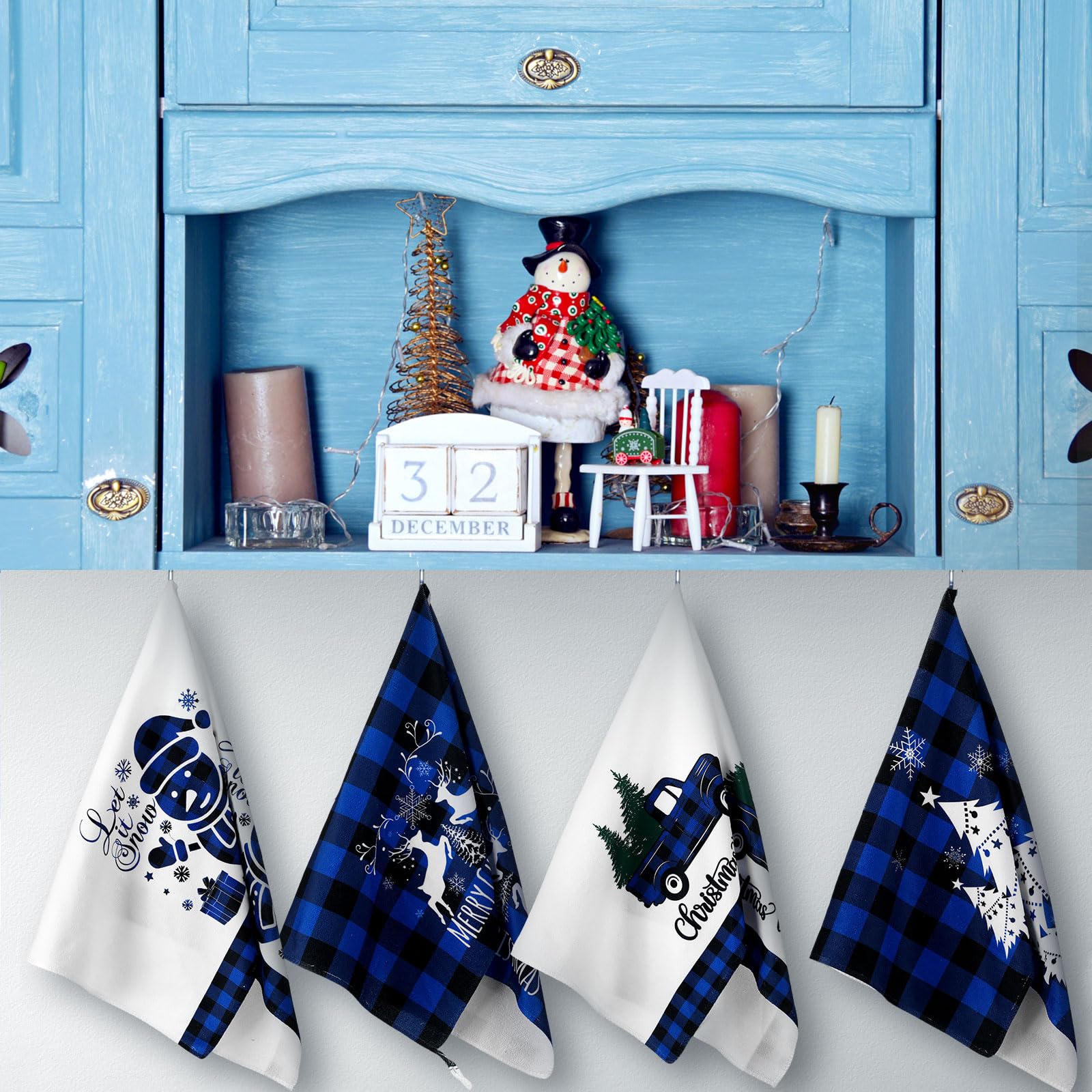 Sratte 6 Pcs Christmas Kitchen Towels Blue Black Buffalo Plaid Tea Dishtowels Absorbent Winter Gnome Truck Snowman Bathroom Hand