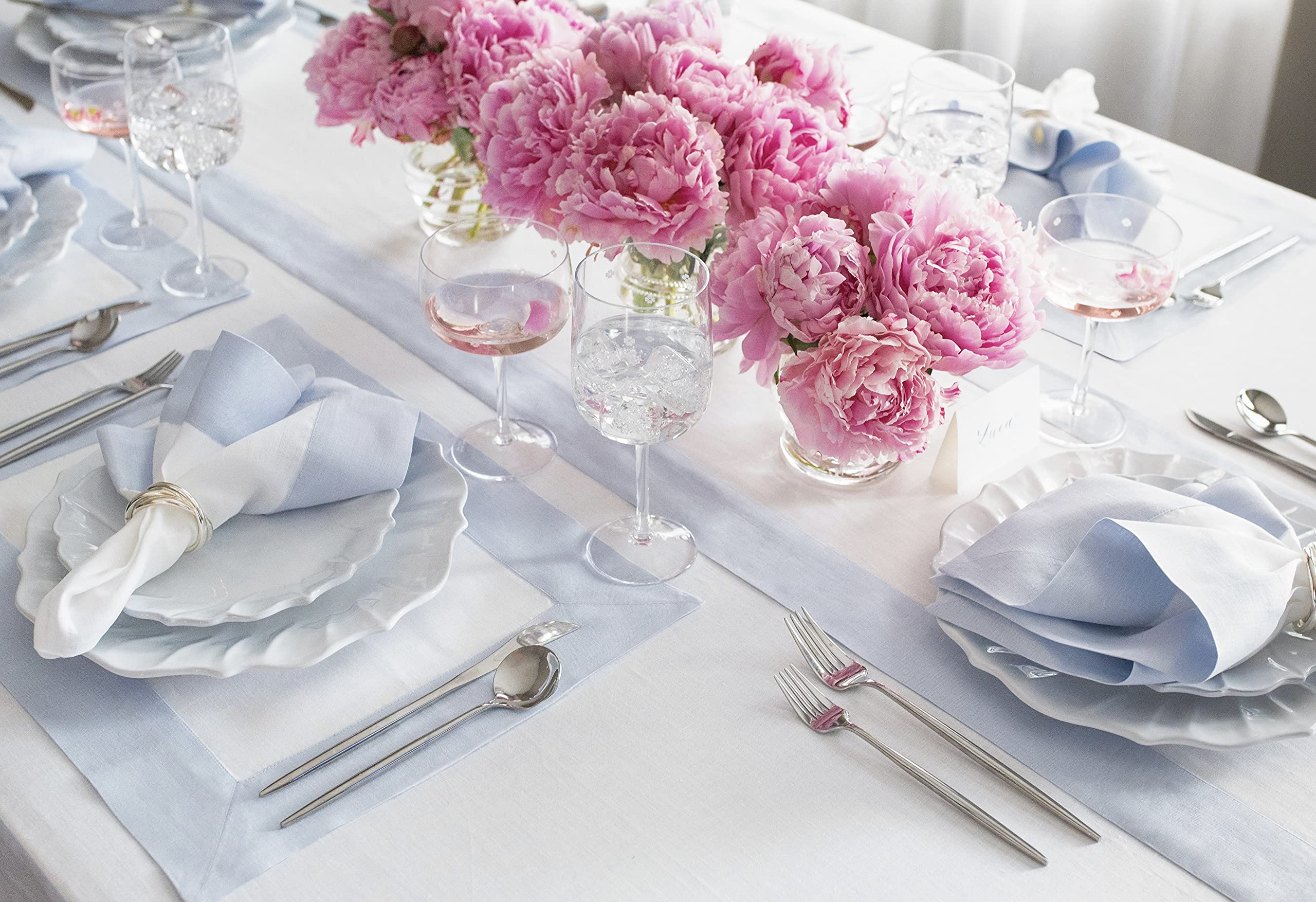 Solino Home Linen Table Runner 36 Inch - Contempo, 100% Pure Linen Light Blue And White Short Table Runner 14 X 36 Inch Ideal Fo