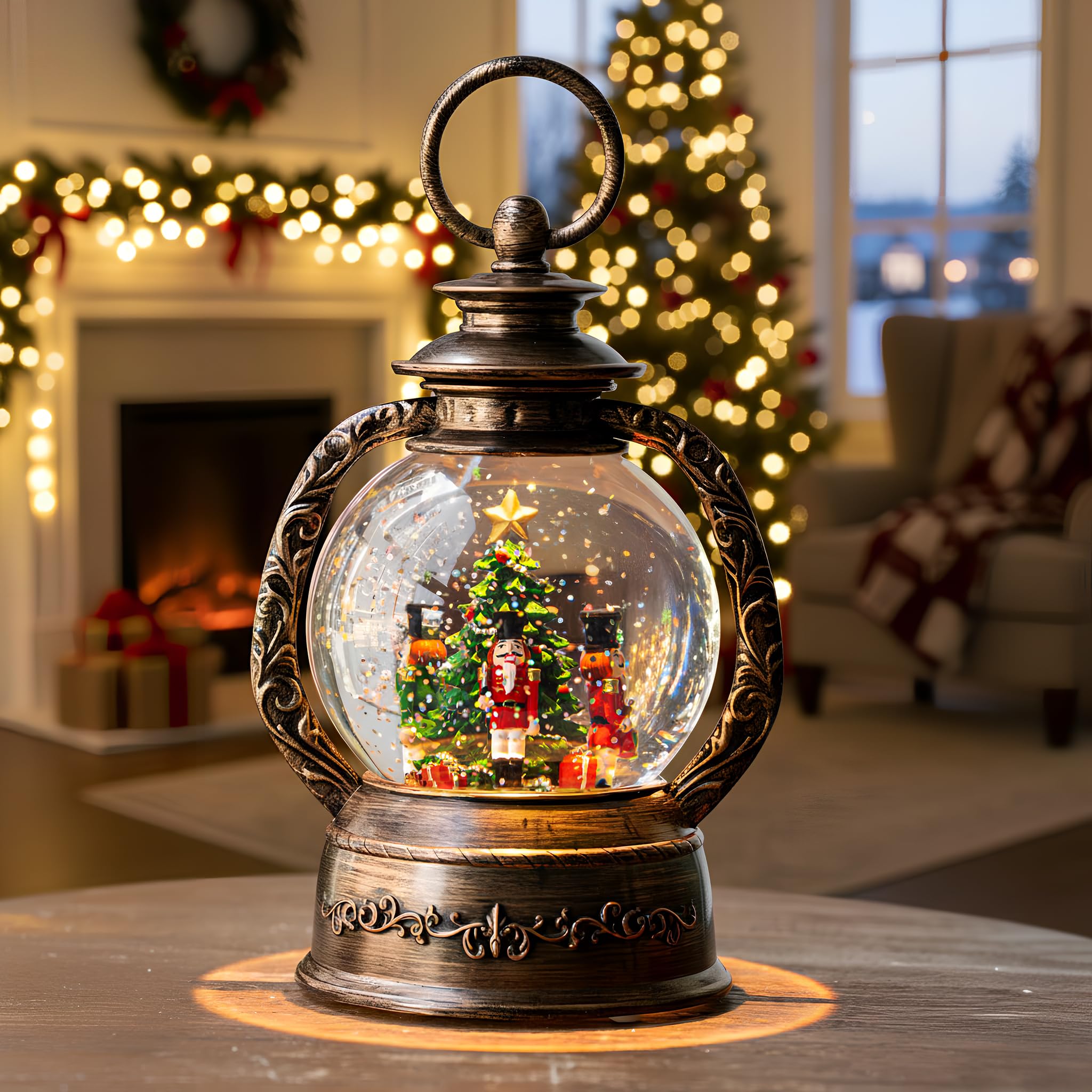 Christmas Snow Globe Lantern Water Glittering Nutcrackers with Music & Timer, USB Lined/Battery Operated Lighted Lantern for Chr