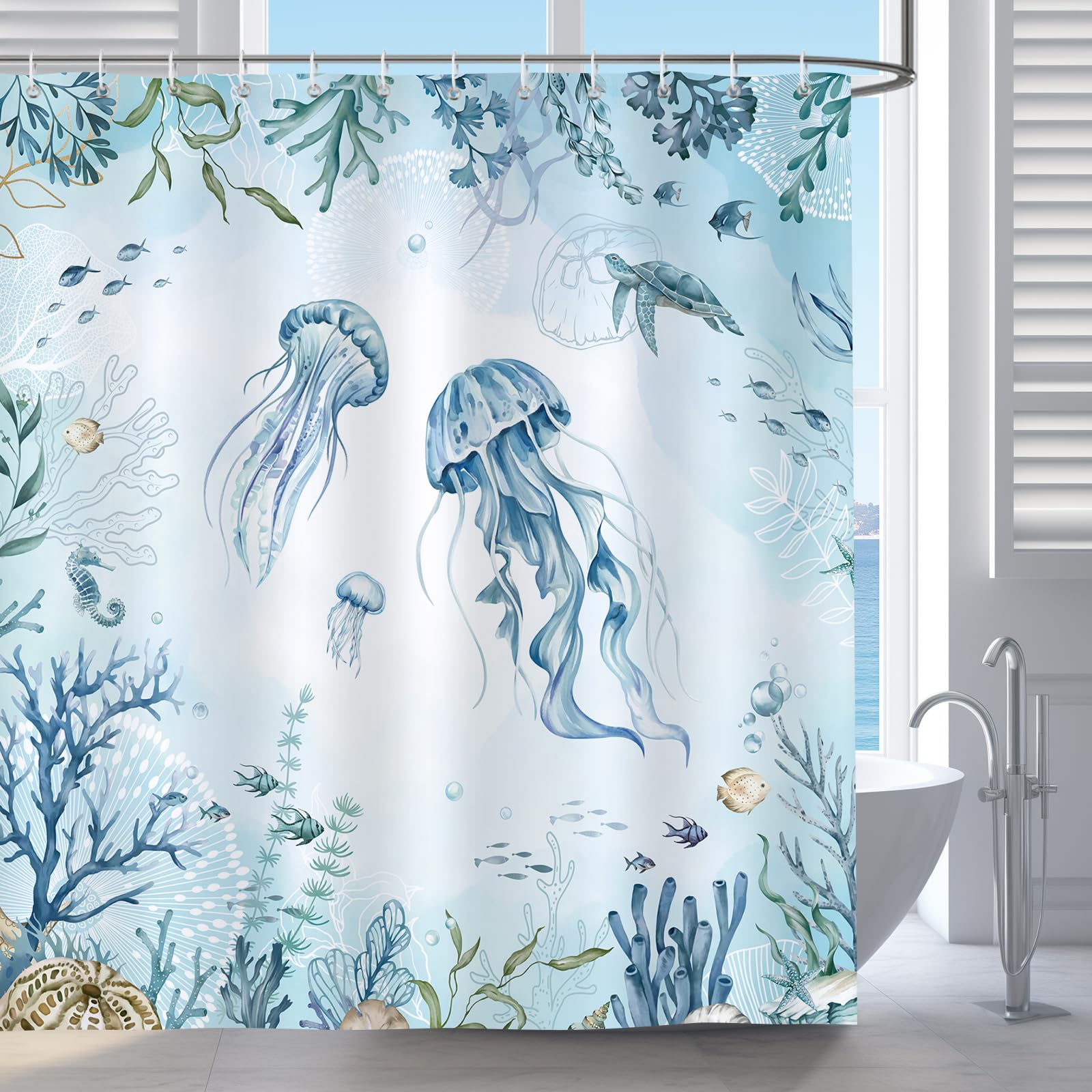 Bonhause Nautical Coastal Jellyfish Shower Curtain, Teal Ocean Theme Underwater Sealife Coral Seahorse Sea Turtle Bathroom Curta