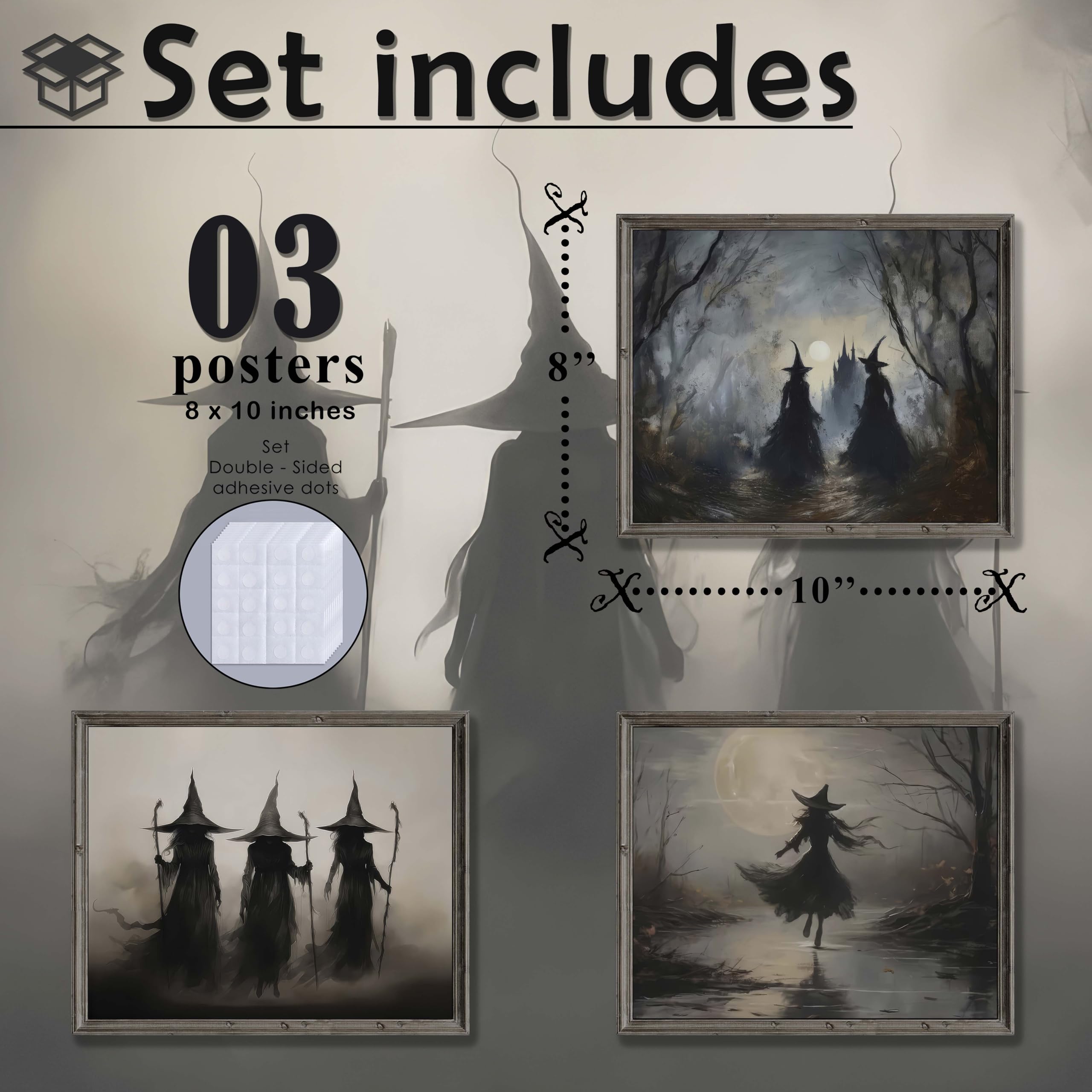 Lanchi95 3 Pcs 8X10In Vintage Rustic Witch Posters Halloween Wall Art Witch In The Forest Painting Prints Goth Dark Moody Wall D