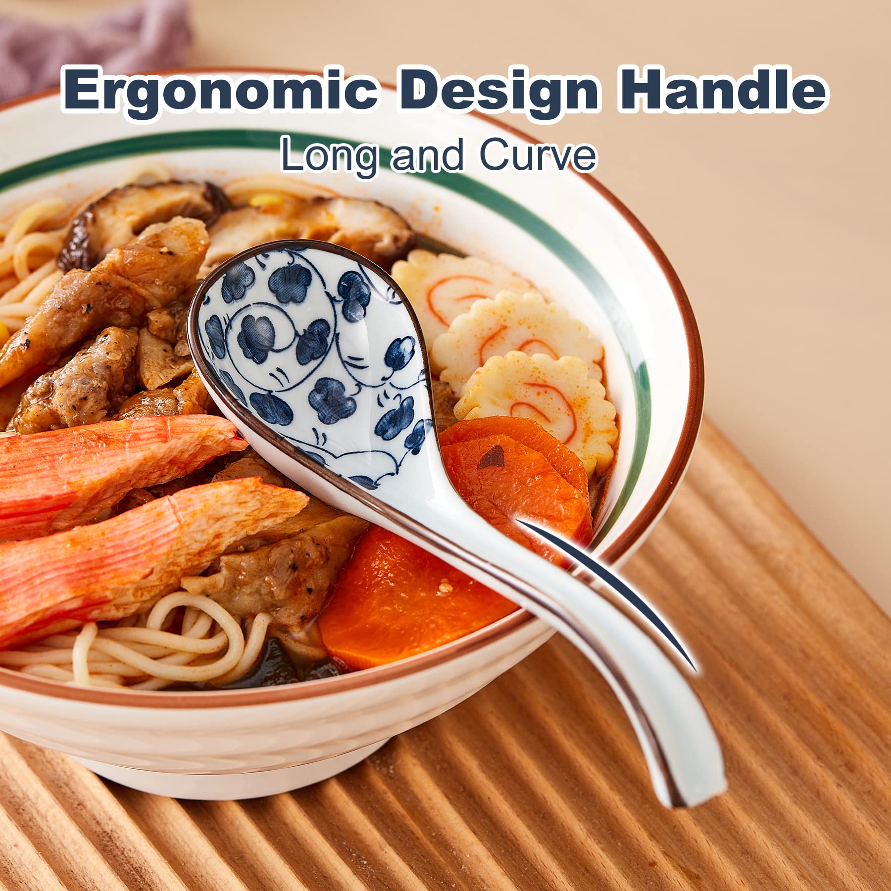 Hoilse Ceramic Soup Spoons, Asian Soup Spoon Japanese Ramen Spoons,Long Handle Perfect Depth Spoon Set For Soup Dumpling, Pho, N