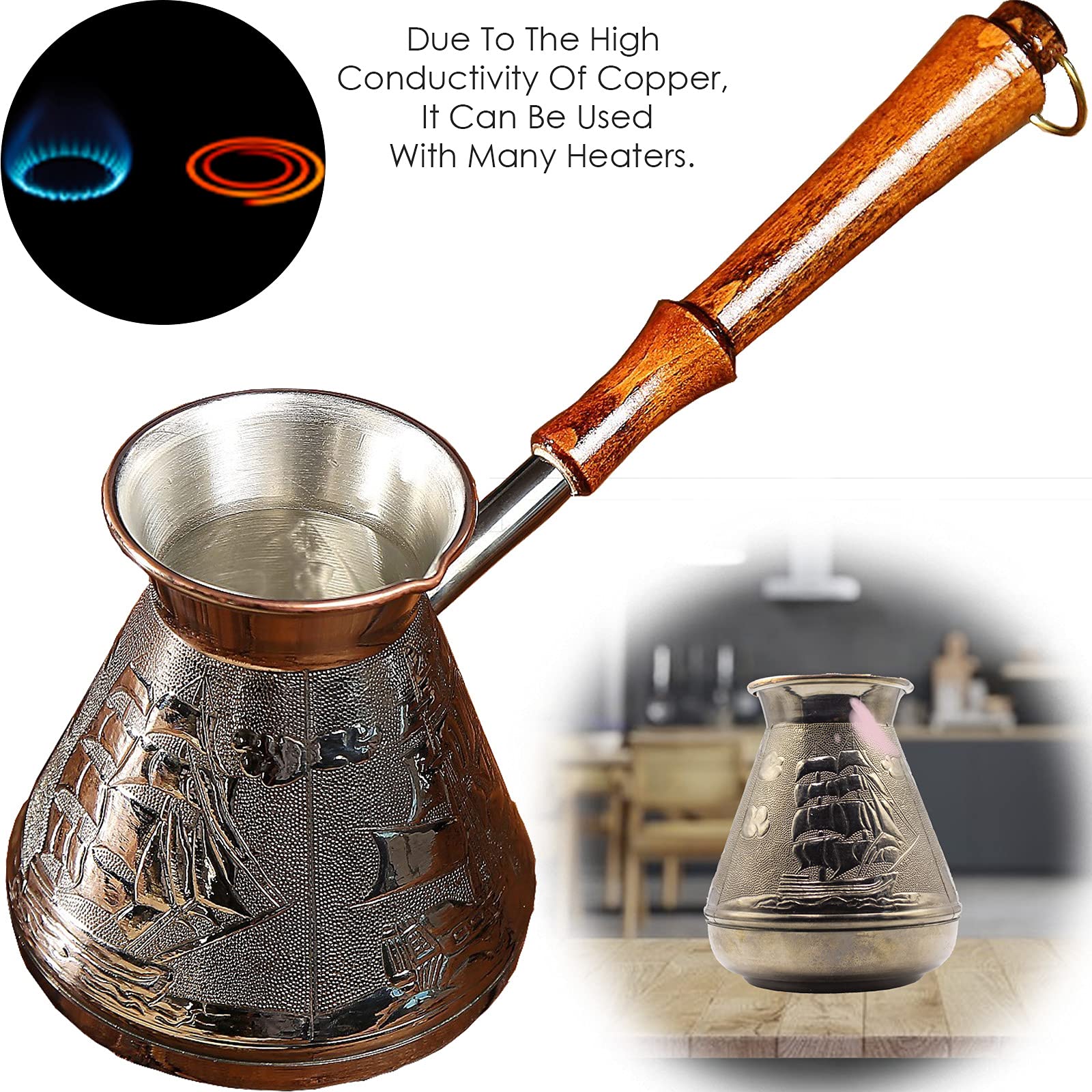 Aevvv Scarlet Sails Turkish Greek Copper Turk 500Ml 17Oz Neat Cezve Coffee Maker With Wooden Handle (17 Oz)