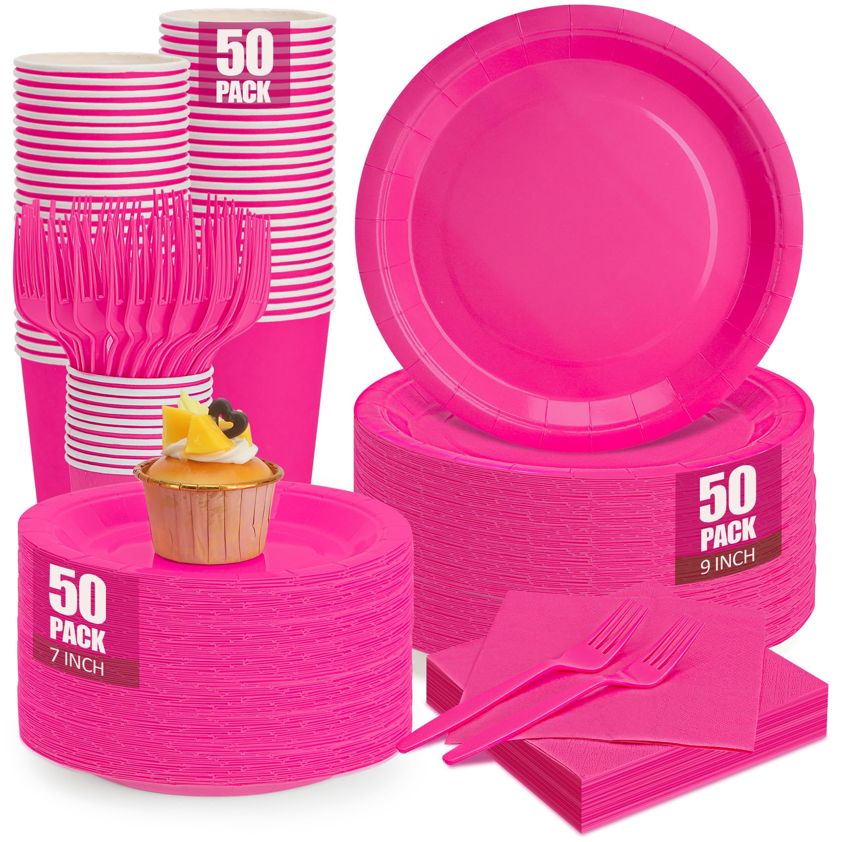 CENLBJ 250Pcs Hot Pink Paper Plates and Napkins Supplies, Include 9Paper Party Plate, 7Dessert Plates Cups Napkins Forks Sets fo