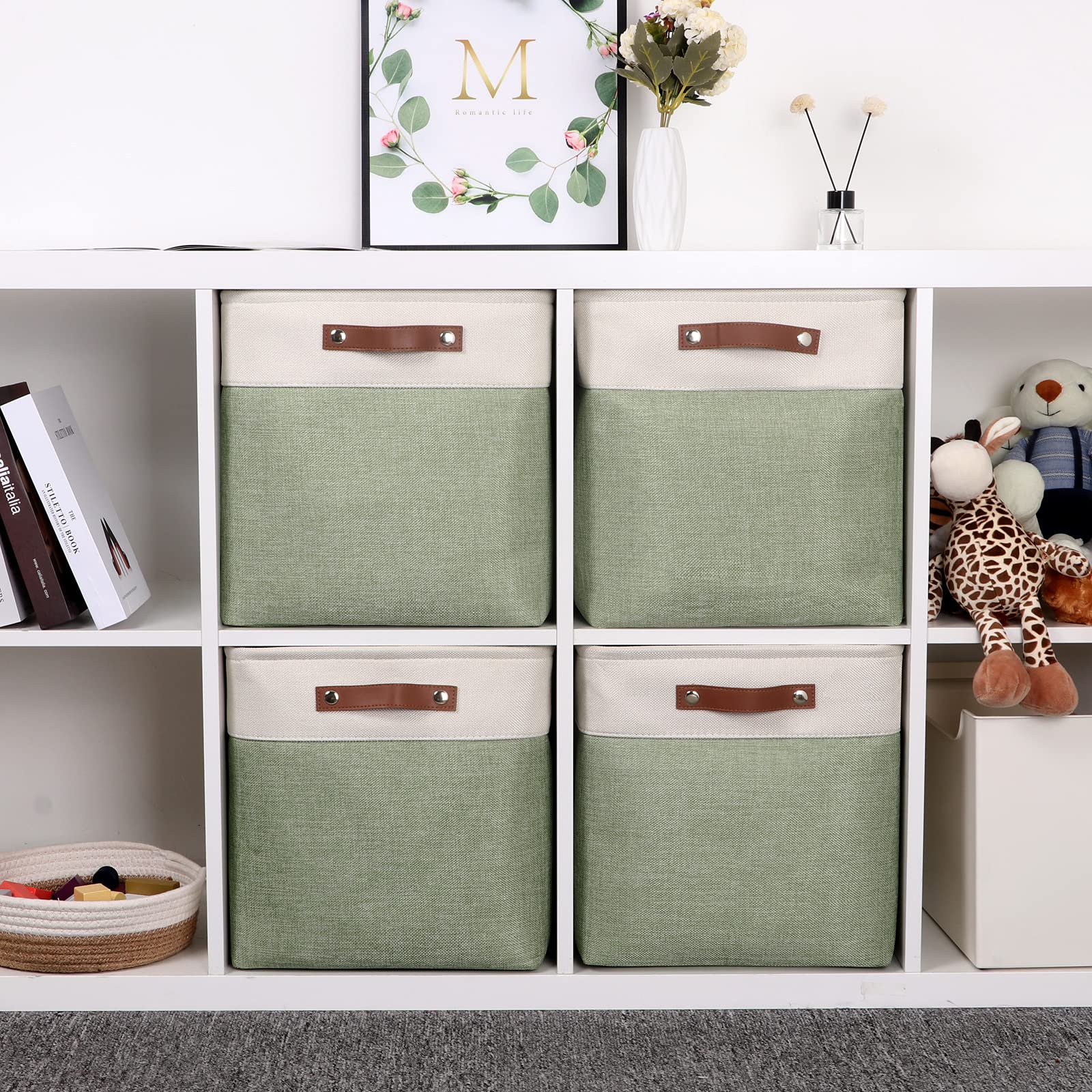 Temary Cube Storage Baskets for Shelves 4pack Fabric Storage Basket for Organizing Toys  Clothes  13 Inch Storage Cubes with Leather Handles  Closet Baskets Nursery Home (White&Green)