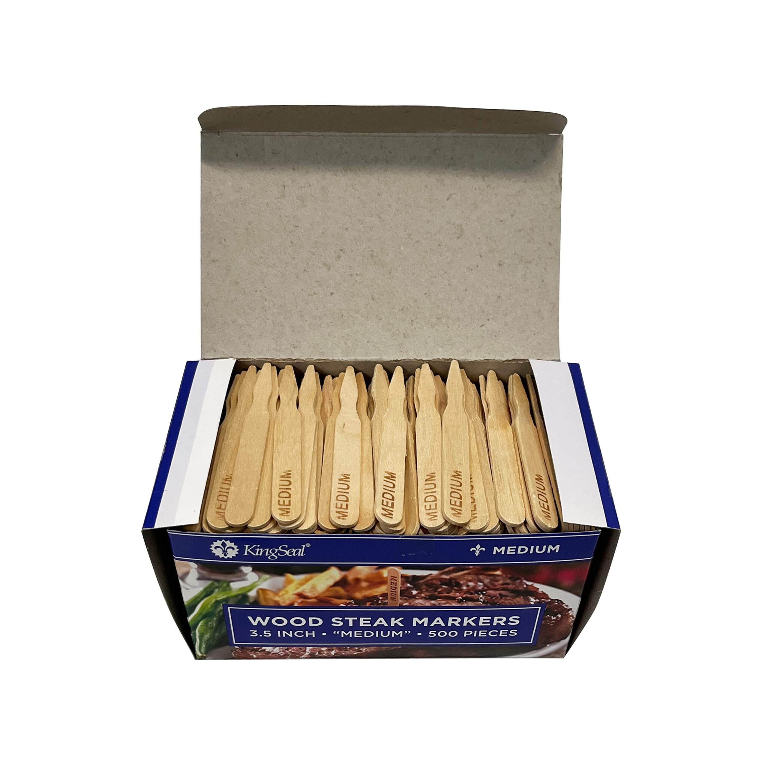 Kingseal 3.5 Inch Natural Birch Wood Steak Markers, Heat Stamped, Medium, Eco-Friendly, Bulk Pack - 500 Count Per Box
