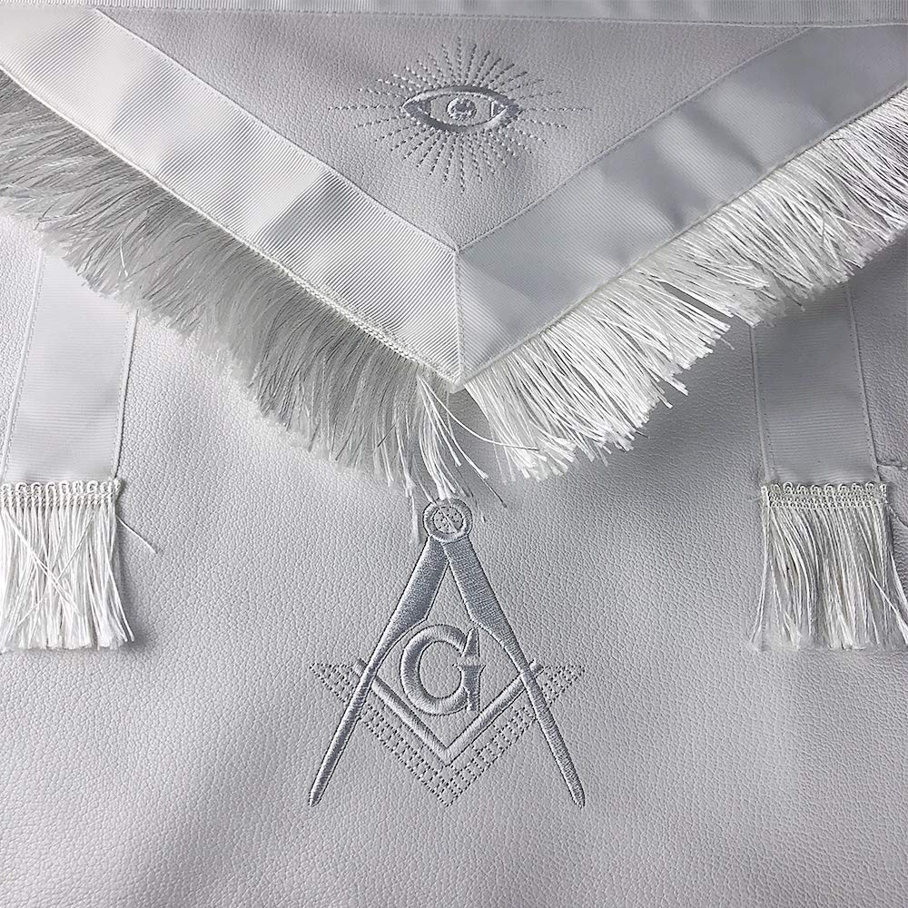 Masonic Apron Synthetic Leather Embroider Square Compass G With White Fringes
