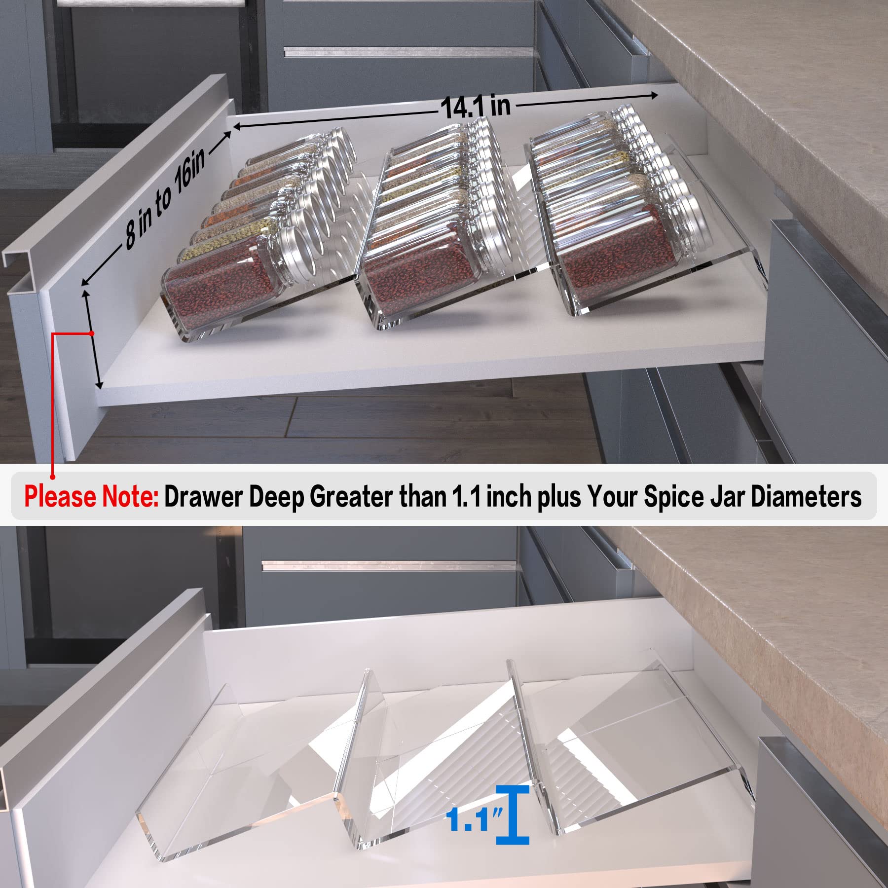 Spice Drawer Organizer, 6 Pcs Clear Acrylic In Drawer Seasoning Jars Rack, Expandable From 8'' to 16'' Kitchen Cabinets/Countert