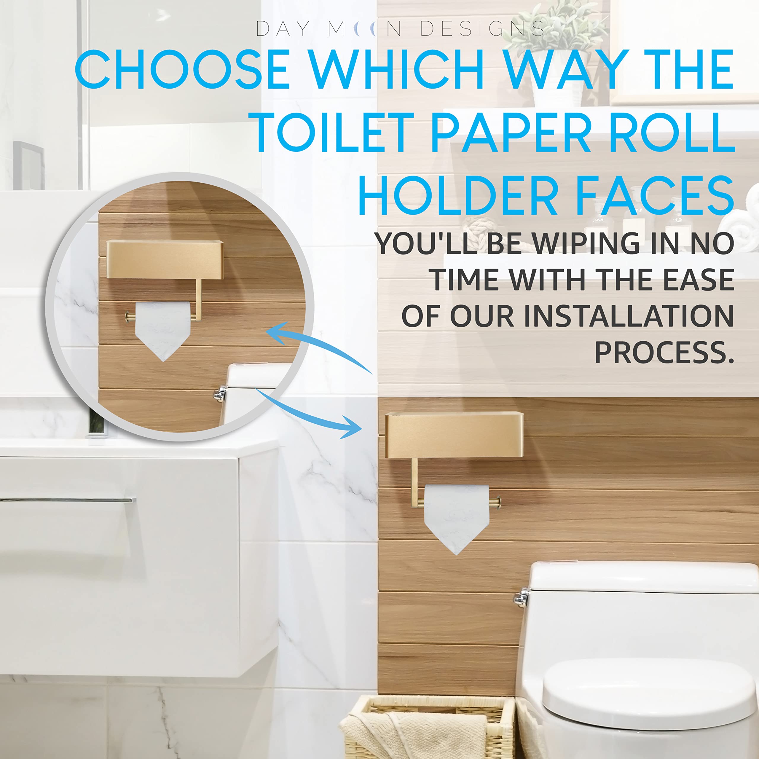 Day Moon Designs Brushed Gold Toilet Paper Holder with Shelf - Wipe Holder for Bathroom  Flushable Wipes Dispenser - Toilet Paper and Wipes Holder - Toilet Paper Holder with Storage  Tampon Holder