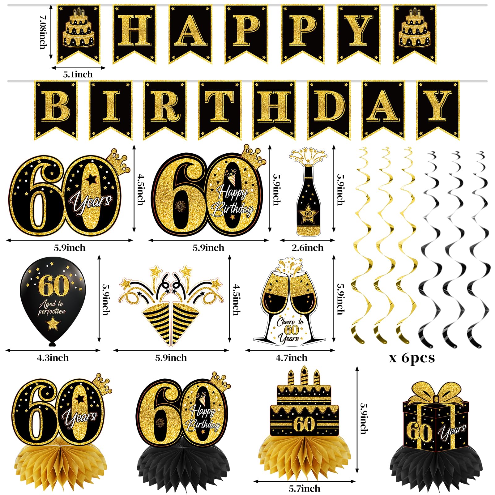 Eucutur 42Pcs 60Th Birthday Decoration Kit For Men Women, Black Gold Happy 60Th Bday Banner Balloons Honeycomb Centerpiece Swirl