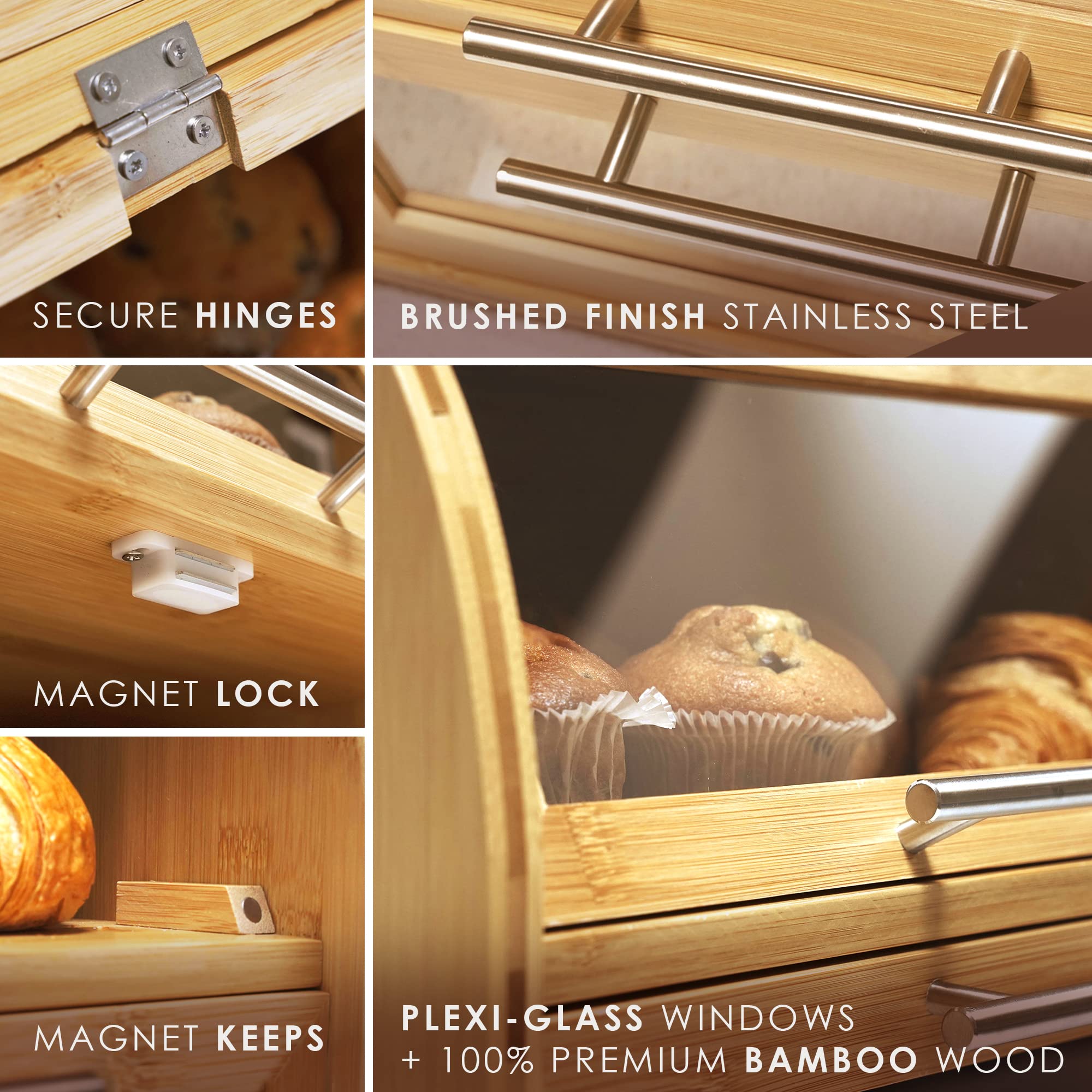 Arise Stylish Bamboo Bread Box For Kitchen Countertop, Extra Large 2-Shelf Wooden Bread Storage Container With Clear Windows And