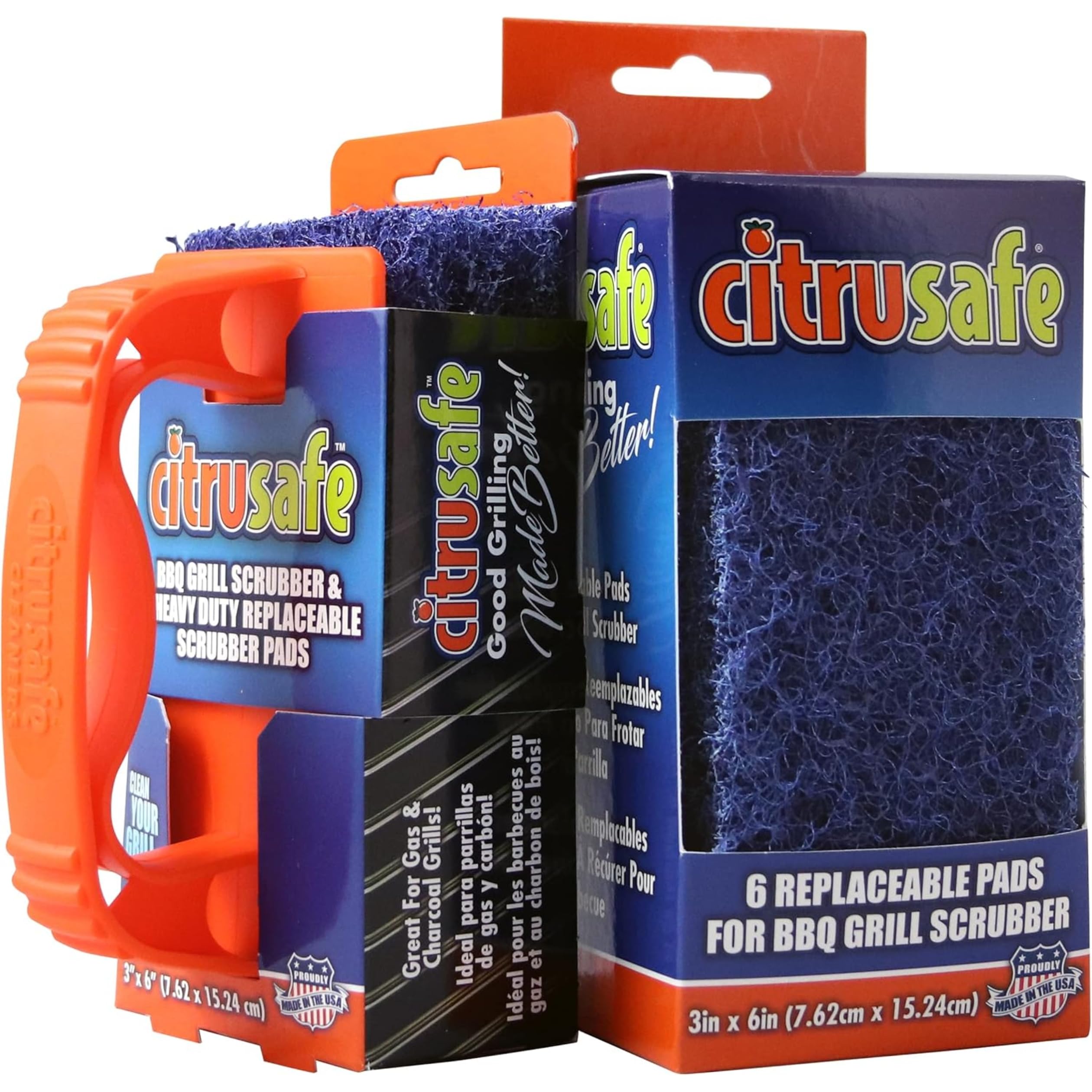 Citrusafe Grill Scrubber and Refill Kit  Heavy Duty Plastic Handle with 3 Pack of Scrubber Pads plus 6 Pack Refill