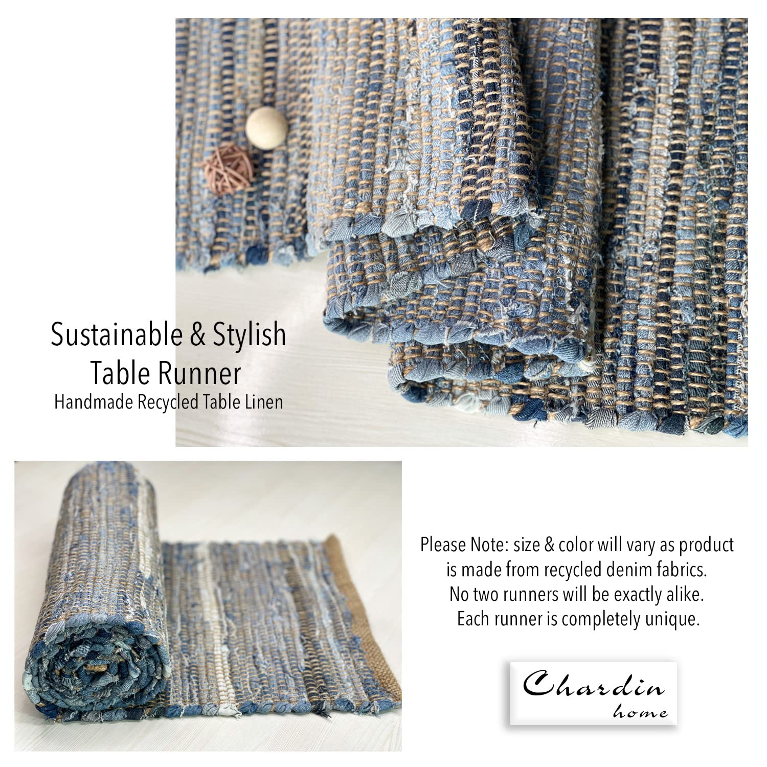 Chardin Home Eco Friendly Denim Chindi/Jute Table Runner, Size: 14''X72''