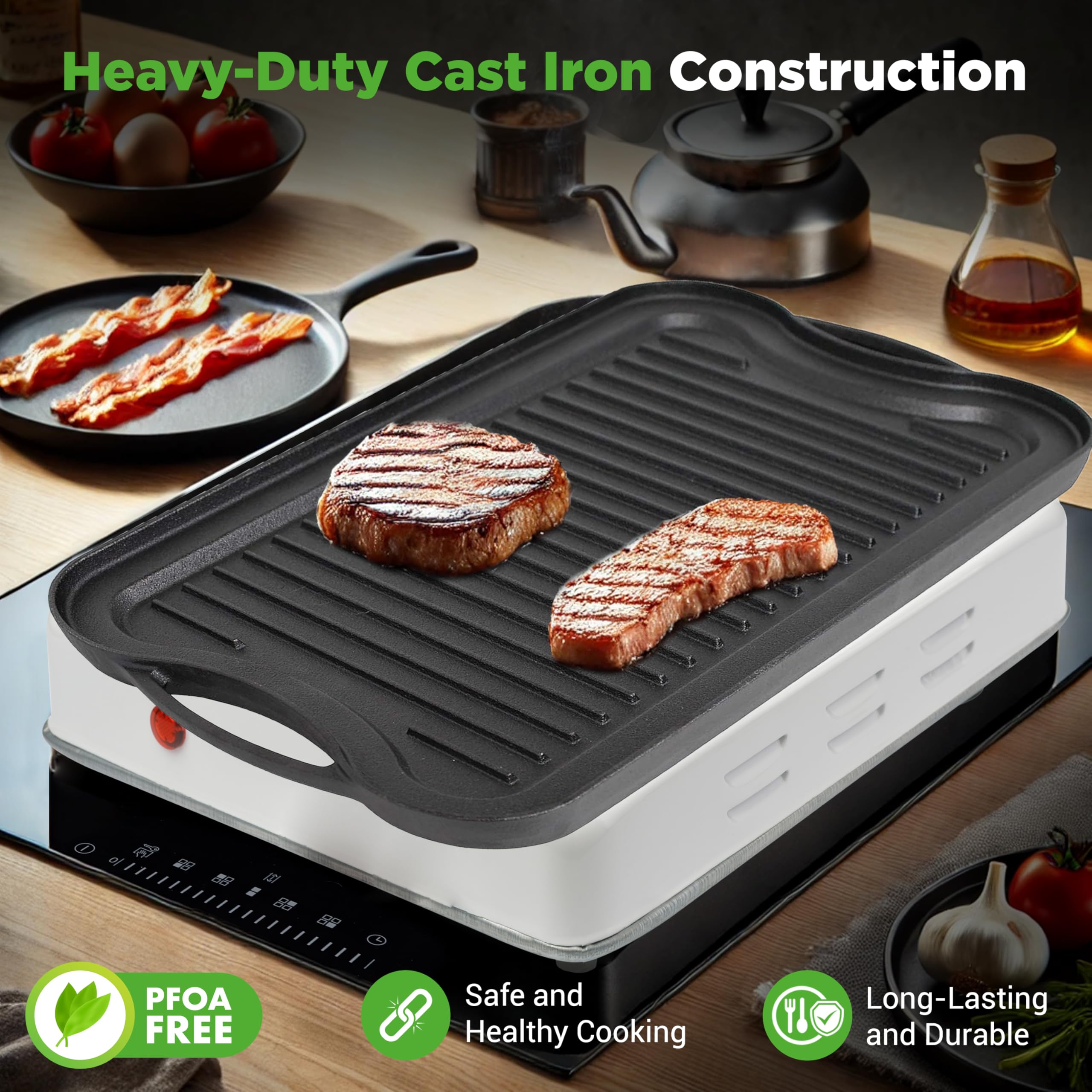 Nutrichef Reversible Cast Iron Griddle - Flat & Grill Sides, Extra-Wide, Oven Safe, Pfoa & Pfos Free, Compatible With Multiple S