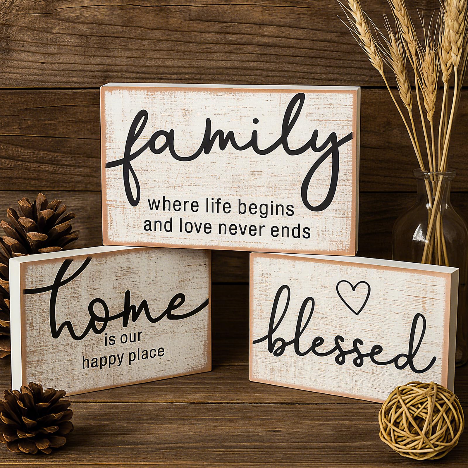 Jetec 3 Pcs Wooden Family Sign Rustic Blessed Home Wall Art Mini Wood Wall Decor Farmhouse Table Shelves Decoration Sign for Bed