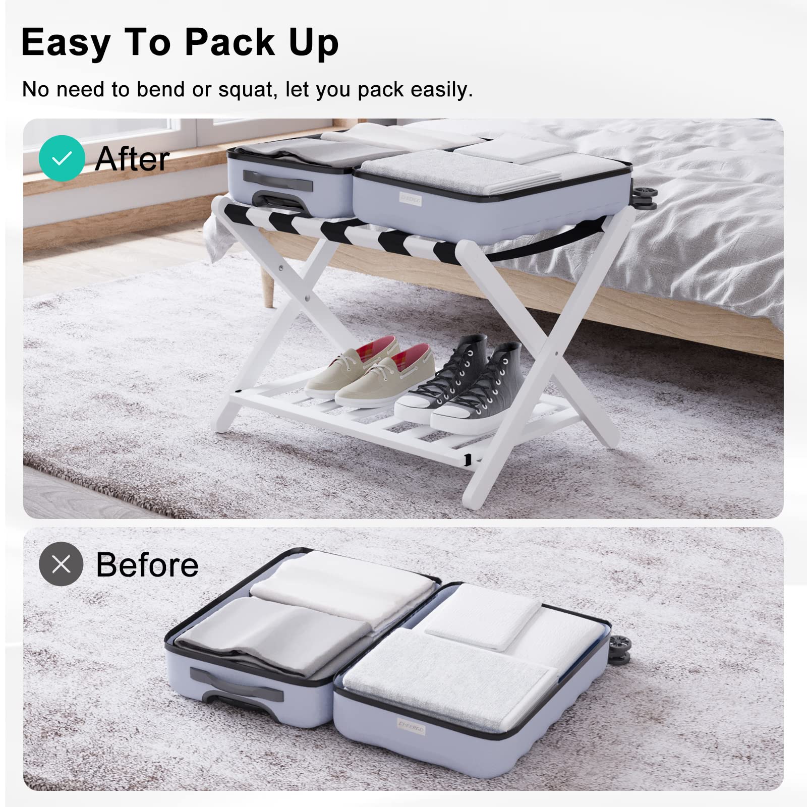 Smuxee Fully Assembled White Luggage Rack Pack Of 2, Bamboo Foldable Suitcase Stand With 5 Nylon Straps, Luggage Holder With She