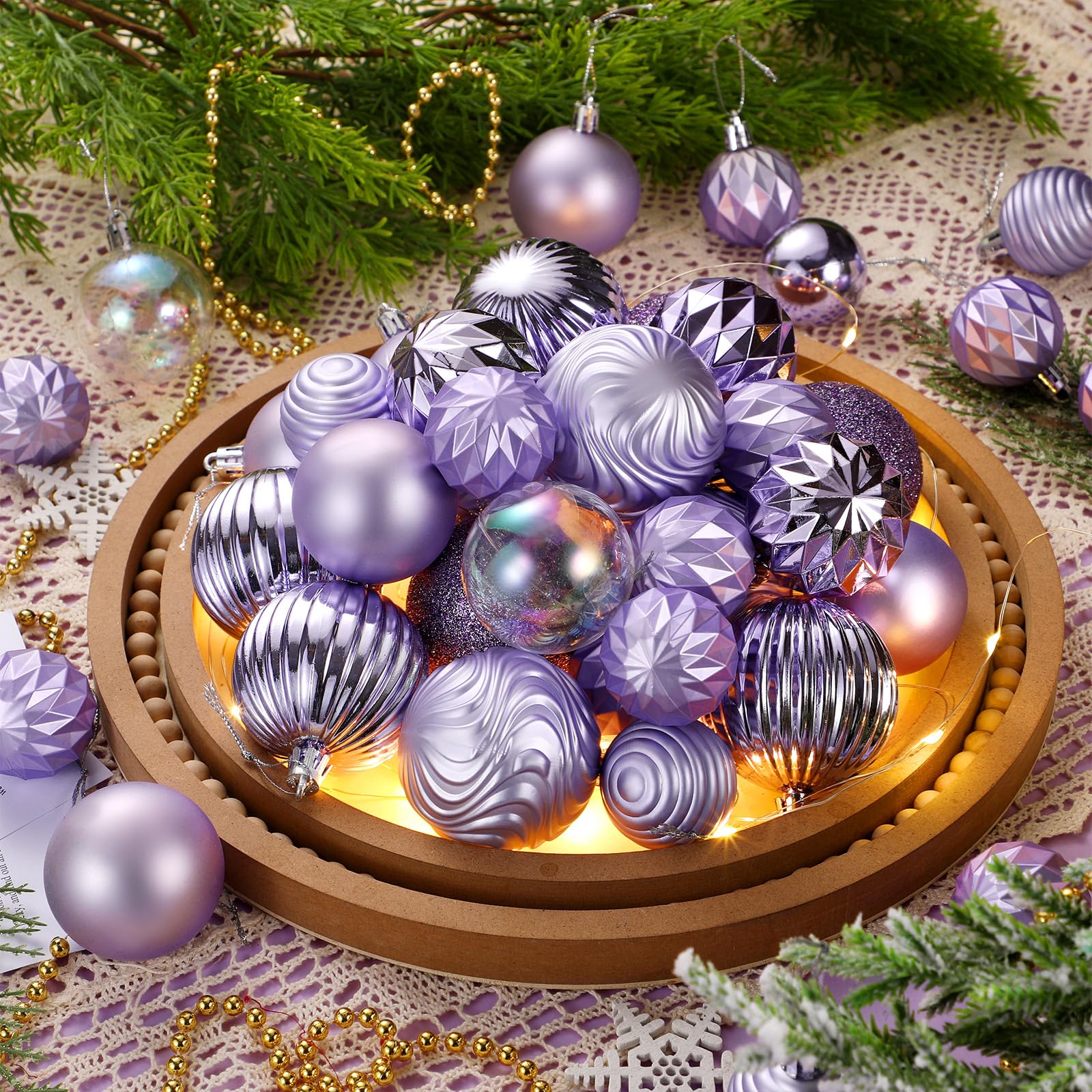 Lunmon 64 Pcs Lilac Purple Christmas Ball Ornaments Lavender Purple Christmas Ornaments Shatterproof Xmas Tree Decorations Set 1