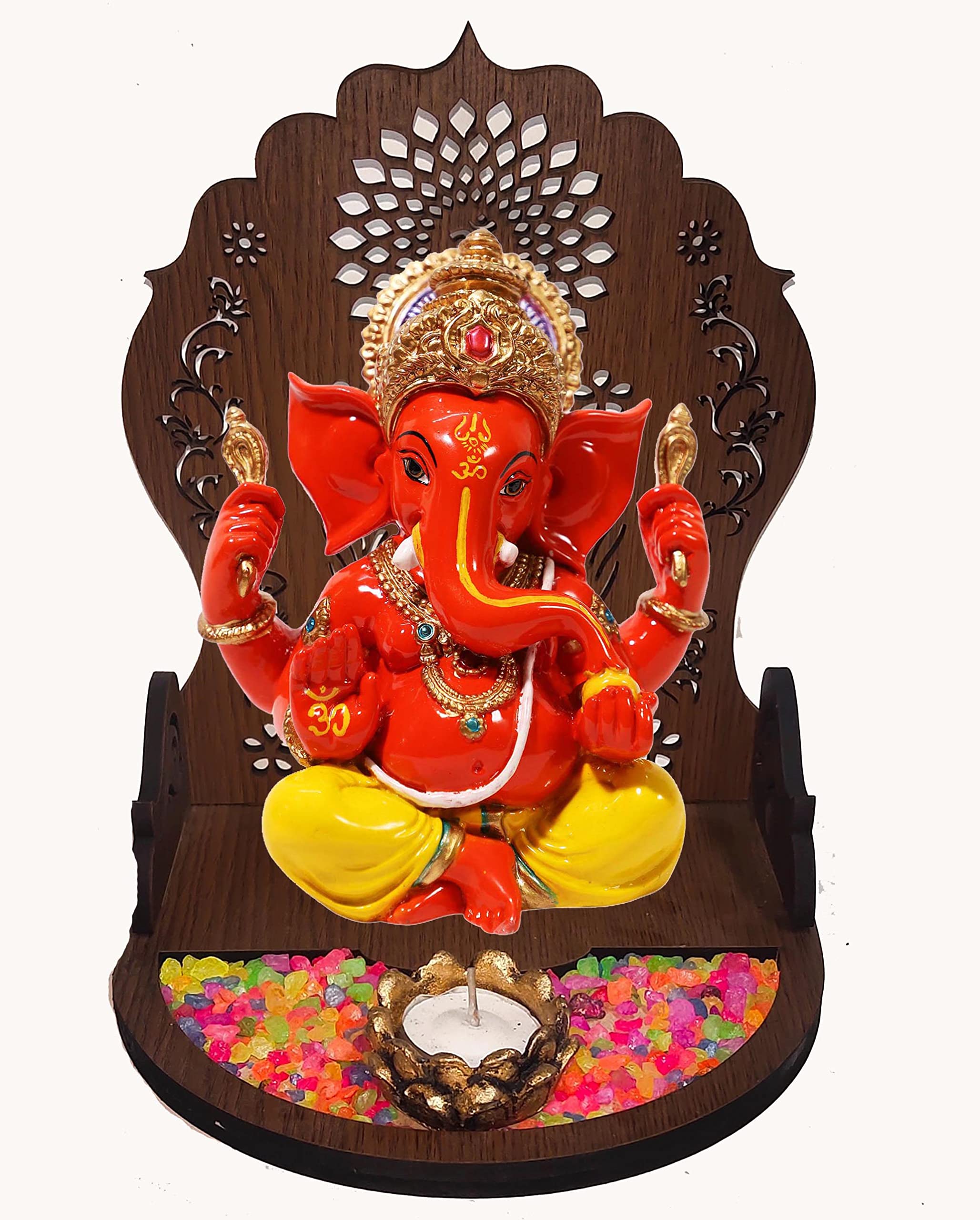 Sn Handicrafts God Ganesh/Ganpati/Lord Ganesha Idol - Statue Gift Item Showpiece With Wooden Mini Temple Natural Stones Lotus Te