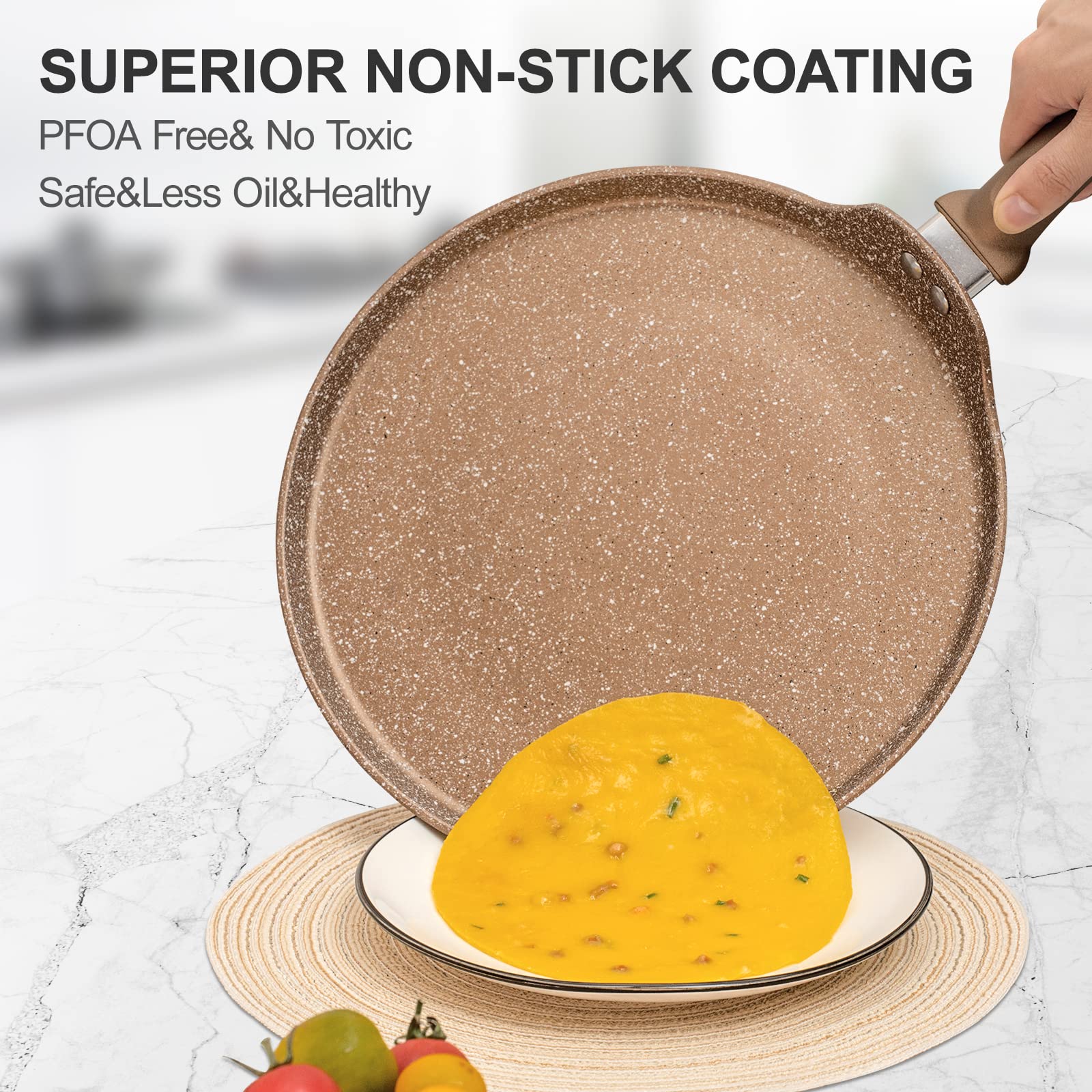 Innerwell 11 Inch Nonstick Crepe Pan, Granite Coating Flat Skillet Dosa Tawa Tortilla Pan, Large Pancake Griddle Comal Pan, Comp