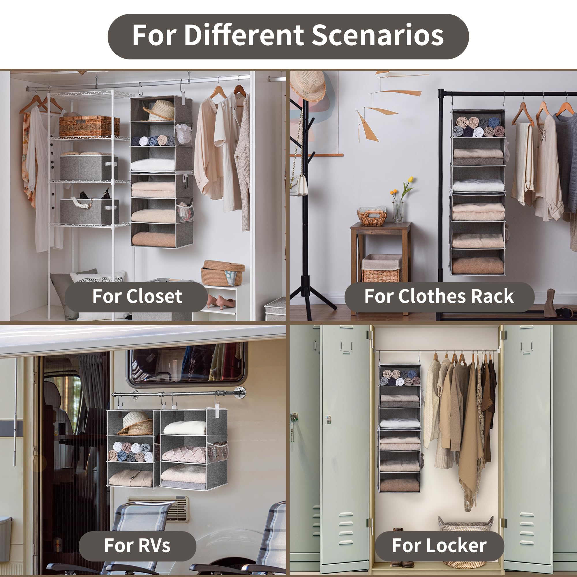 Storageworks 6-Shelf Jumbo Hanging Closet Organizers, Two 3-Shelf Separable Closet Hanging Shelves, Gray, Canvas, 13 '' D X 15 '