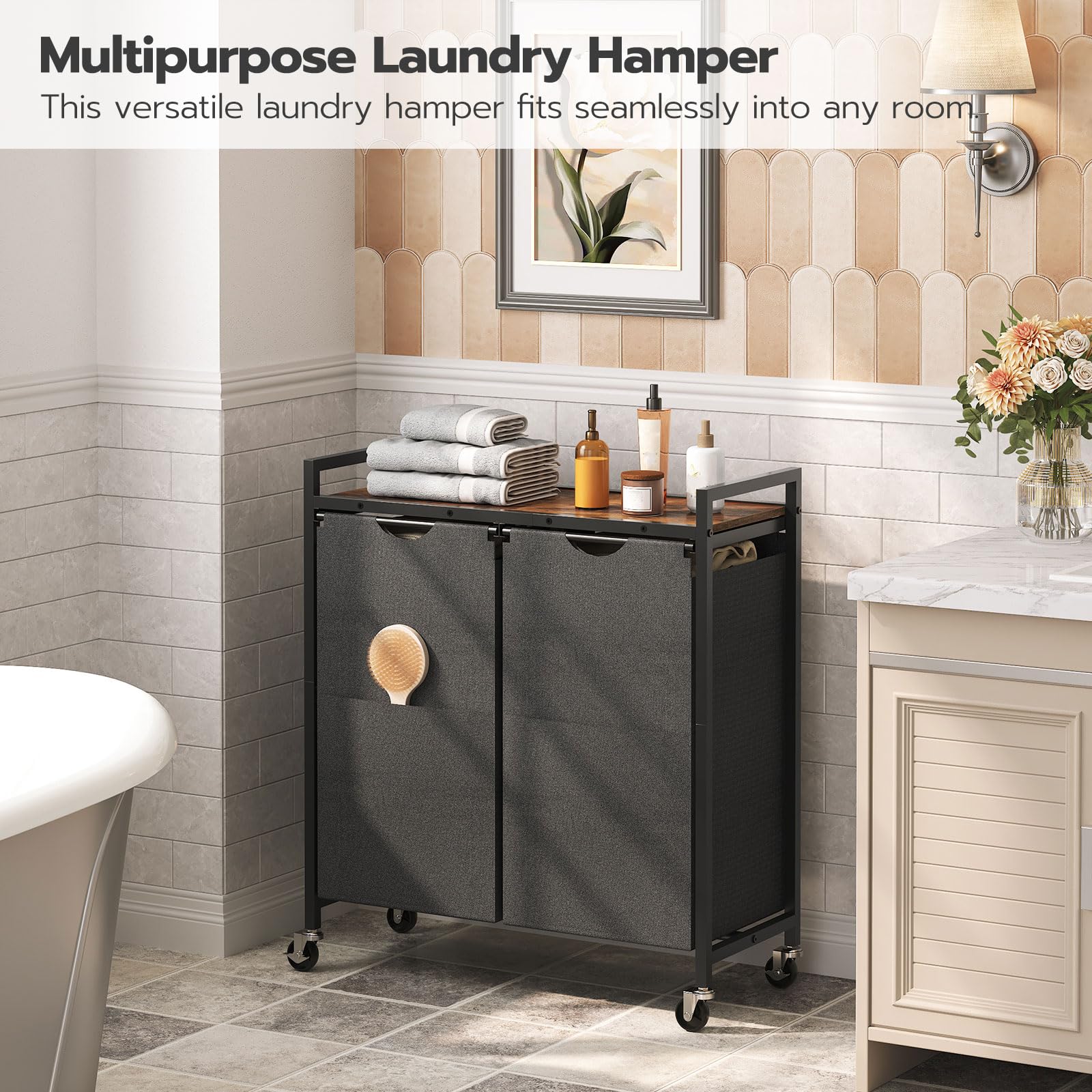Hoobro Laundry Hamper, Laundry Sorter 2 Section, 2    13 Gal (49.5L), Laundry Basket With Wheels, Rolling Cart, Pull-Out And Rem