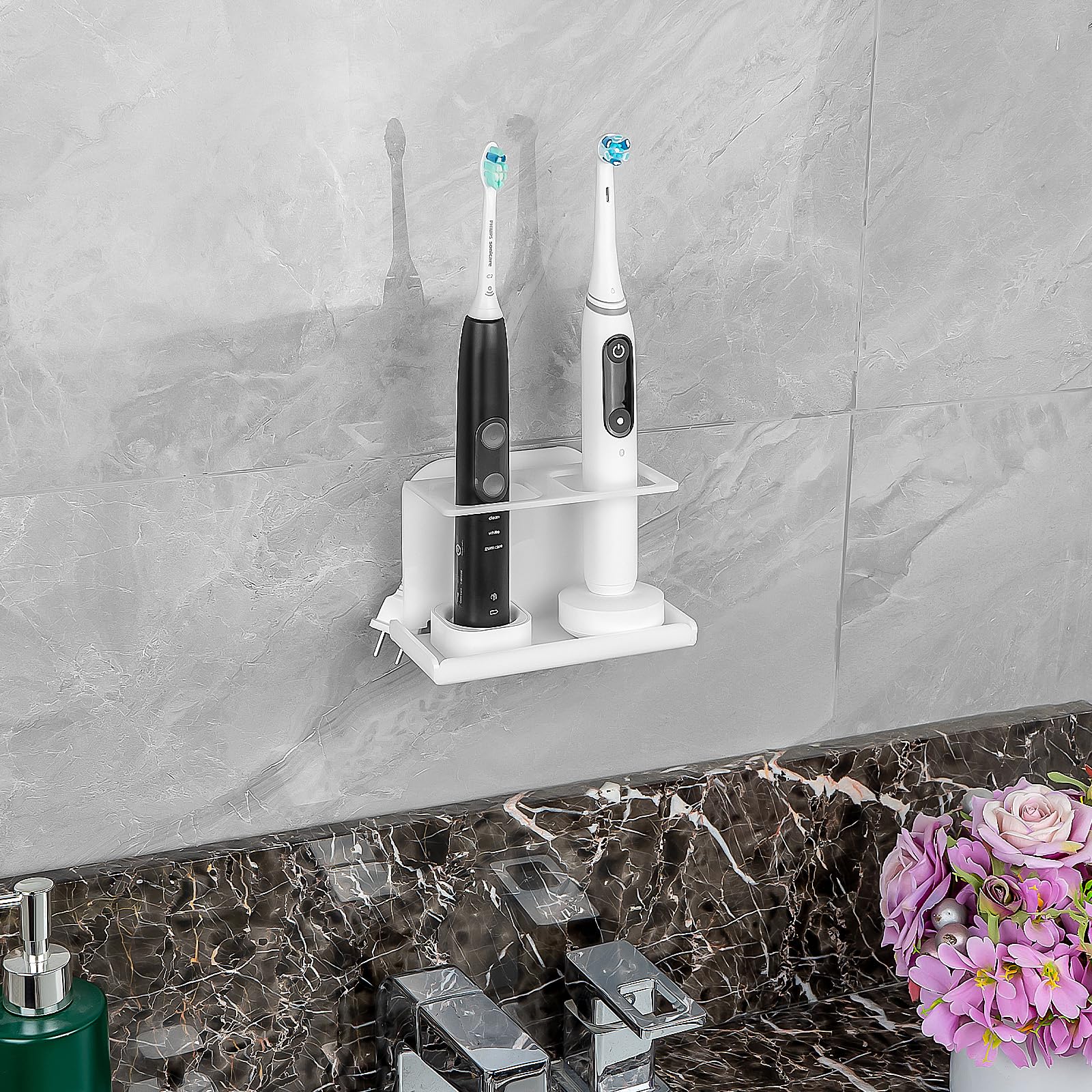 2Pack Electric Toothbrush Holder Wall Mounted, Electric Toothbrush Cord Organizer Holds 2 Chargers, Self Adhesive Electric Tooth