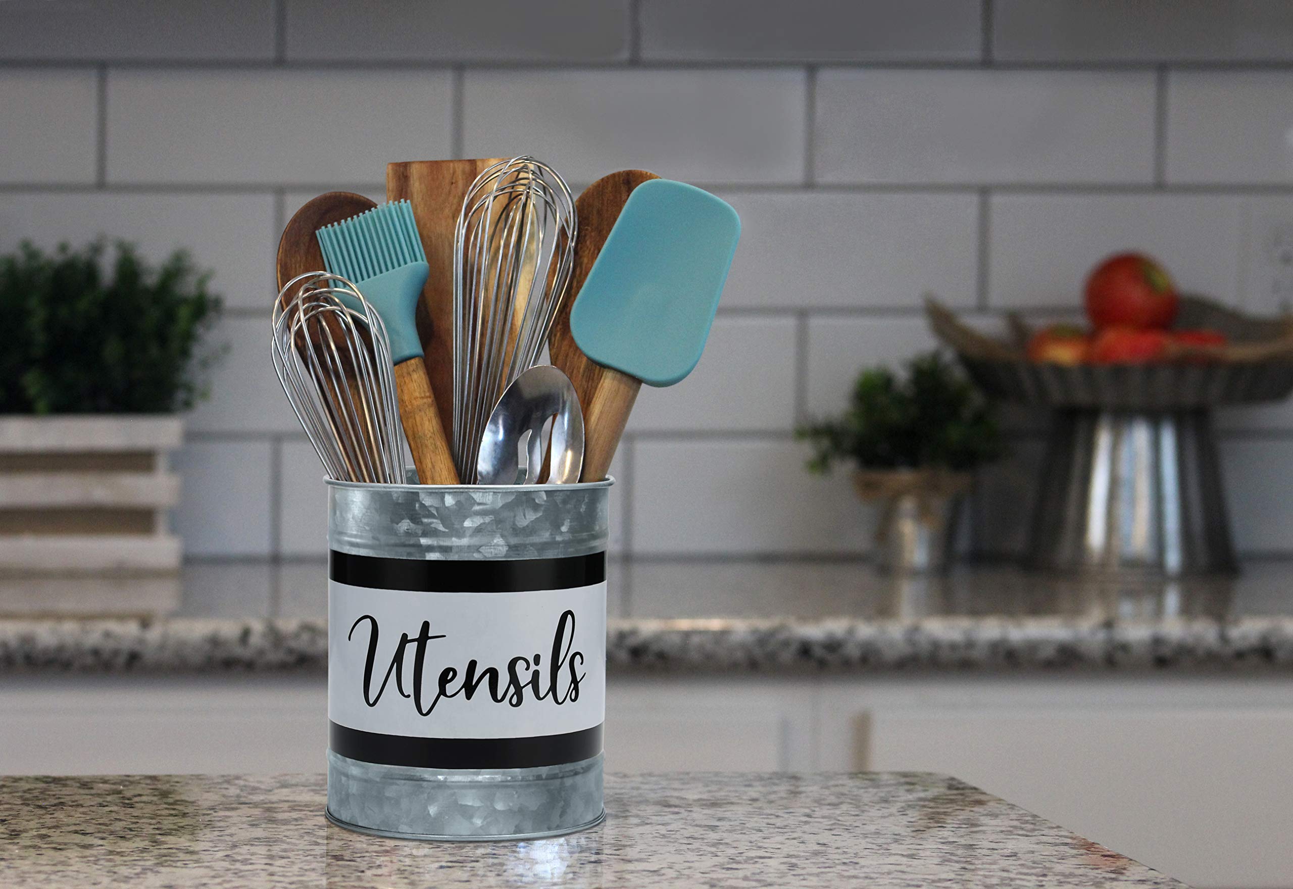 Home Acre Designs Kitchen Utensil Holder - Farmhouse Crock For Countertop Utensils, Black & White