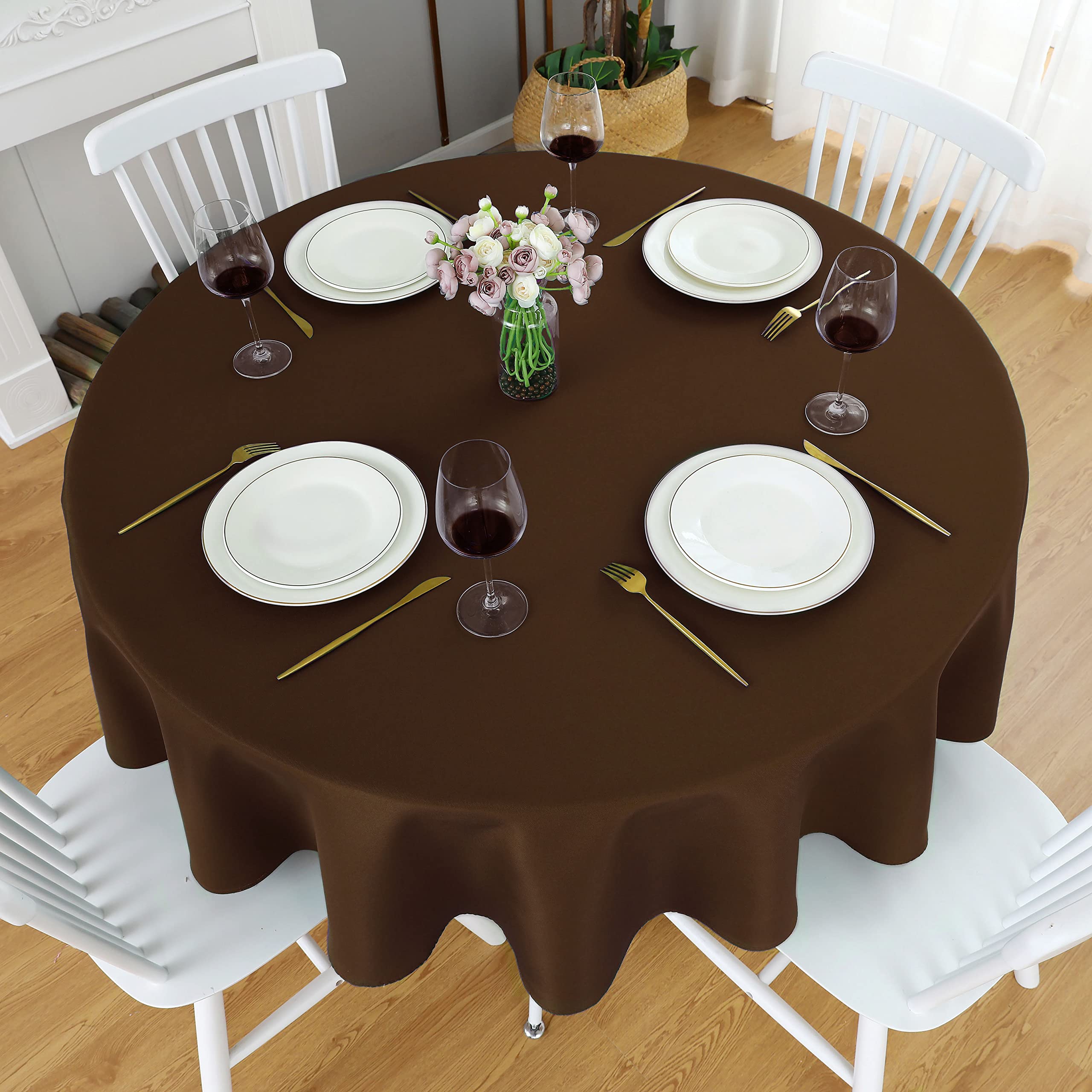 Folins&Home Brown Round Tablecloth 70 Inch Waterproof Heavy Duty Wrinkle Free Polyester Fabric Circle Table Cloth Spillproof Was