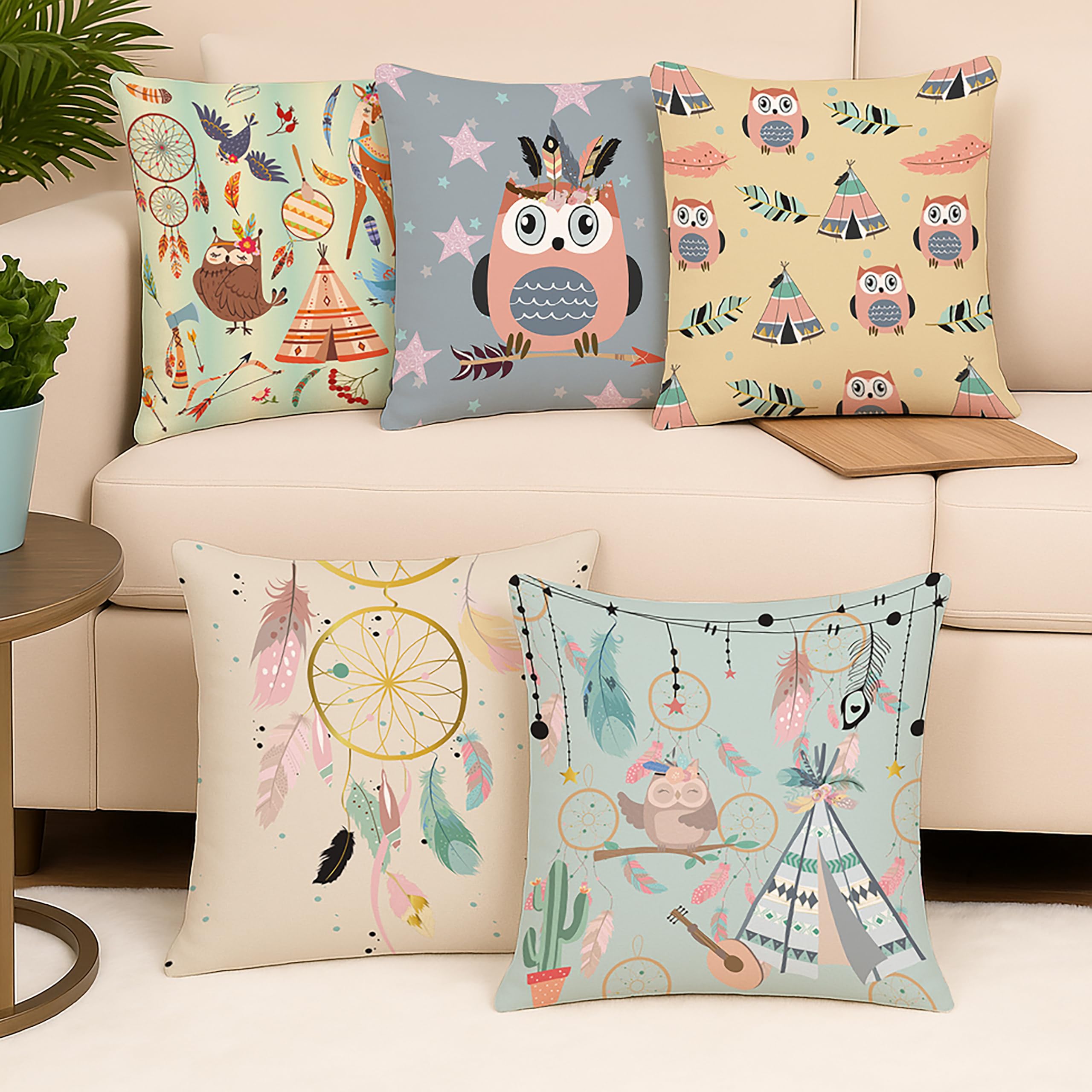 Amazon Brand - Umi Owl Theme Printed Polycotton Cushion Covers | Decorative Square Throw Pillow Cases For Sofa, Living Room & Be