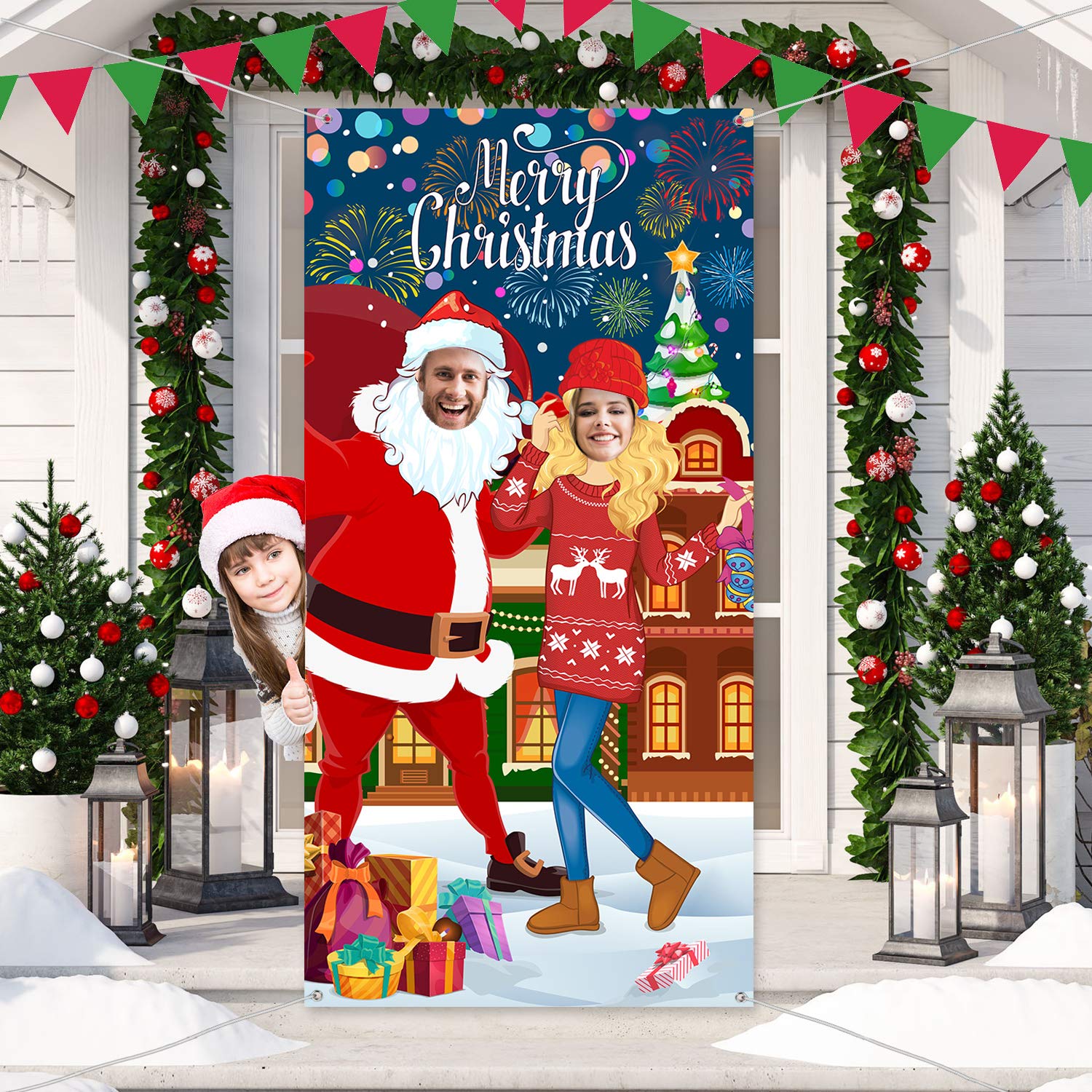 Christmas Party Decorations Christmas Photo Door Banner Backdrop Props, Giant Fabric Photo Booth Background Funny Christmas Game