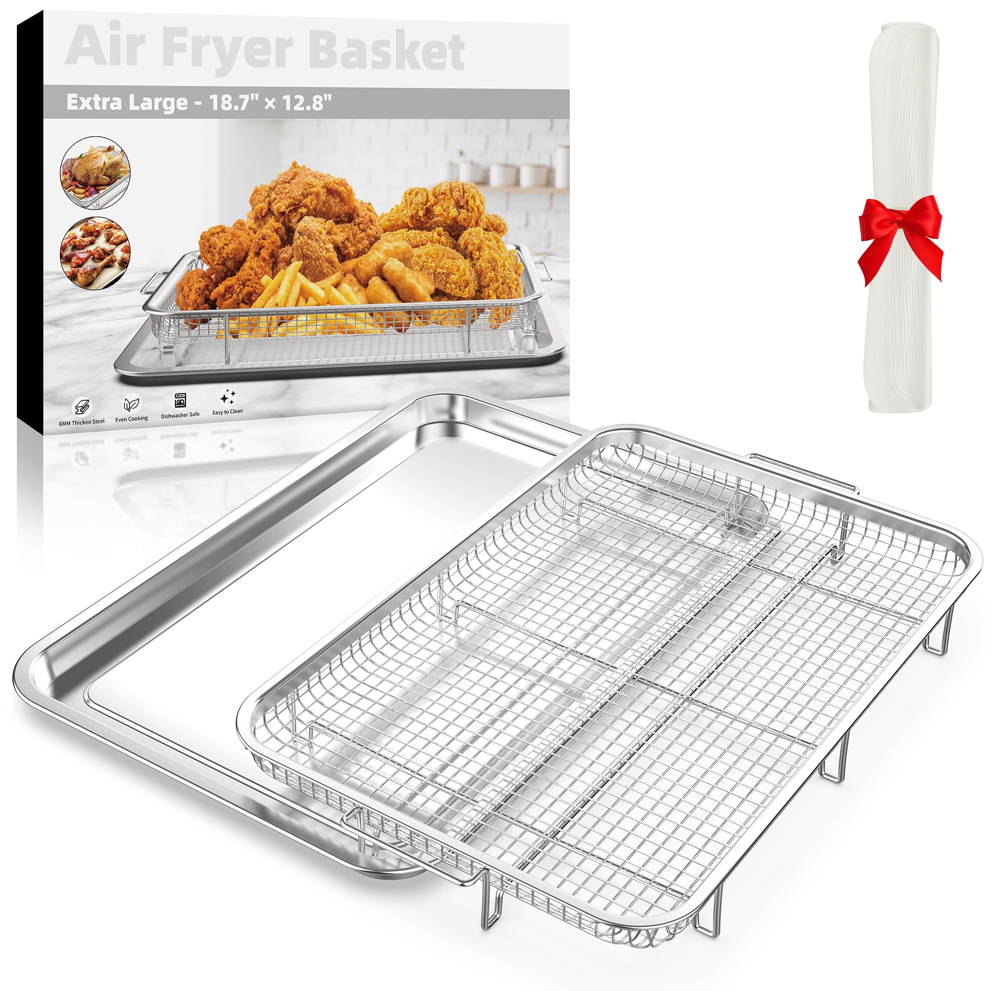 Air Fryer Basket For Oven, Extra Large 18.8'' X 12.8'' Oven Air Fryer Basket And Tray Set With 30 Pcs Parchment Papers, Demaxia