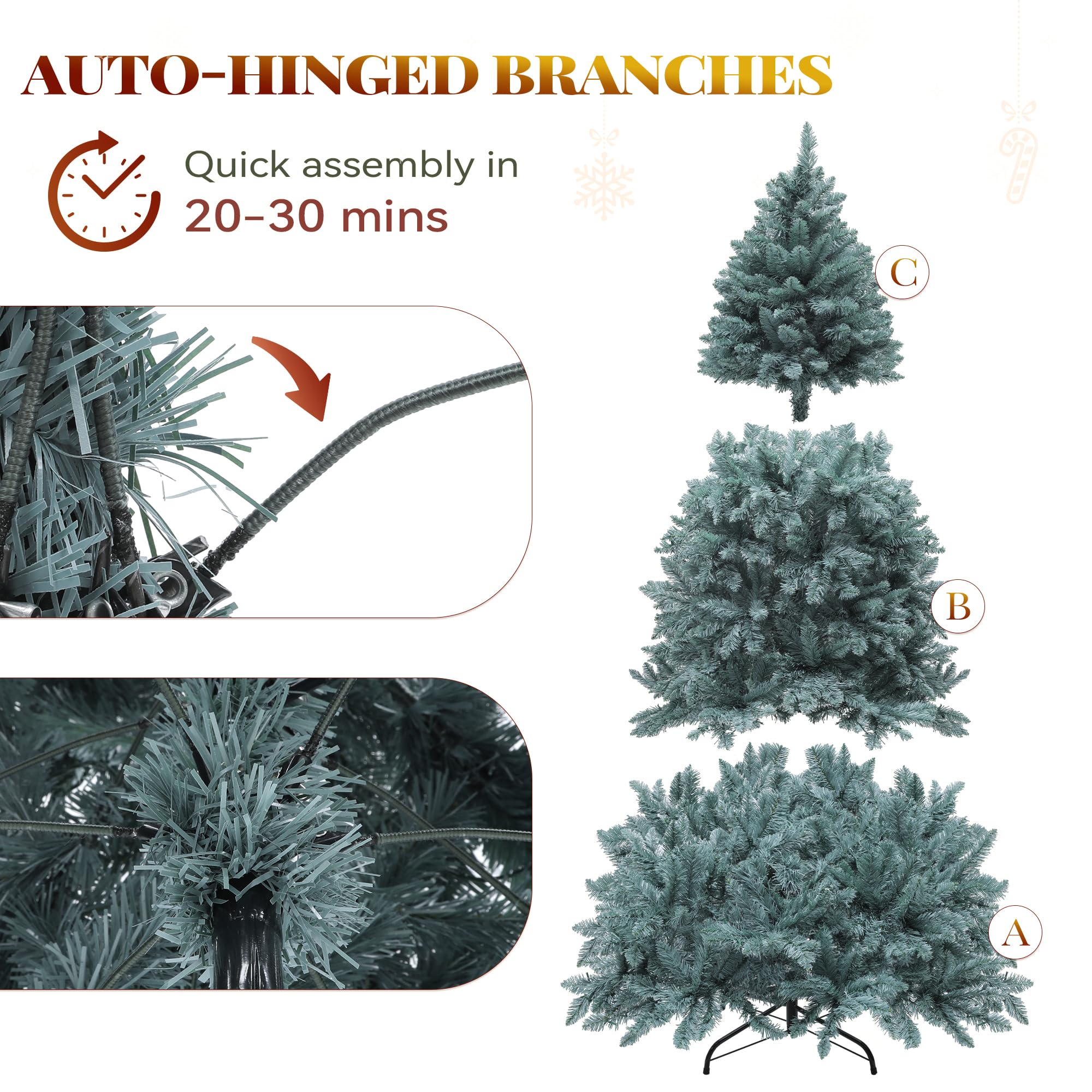 YITAHOME Prelit Blue Spruce Christmas Tree, 6 FT Pre-Lit Artificial Hinged Christmas Tree with 880 Tips and 450 Cold-White Light
