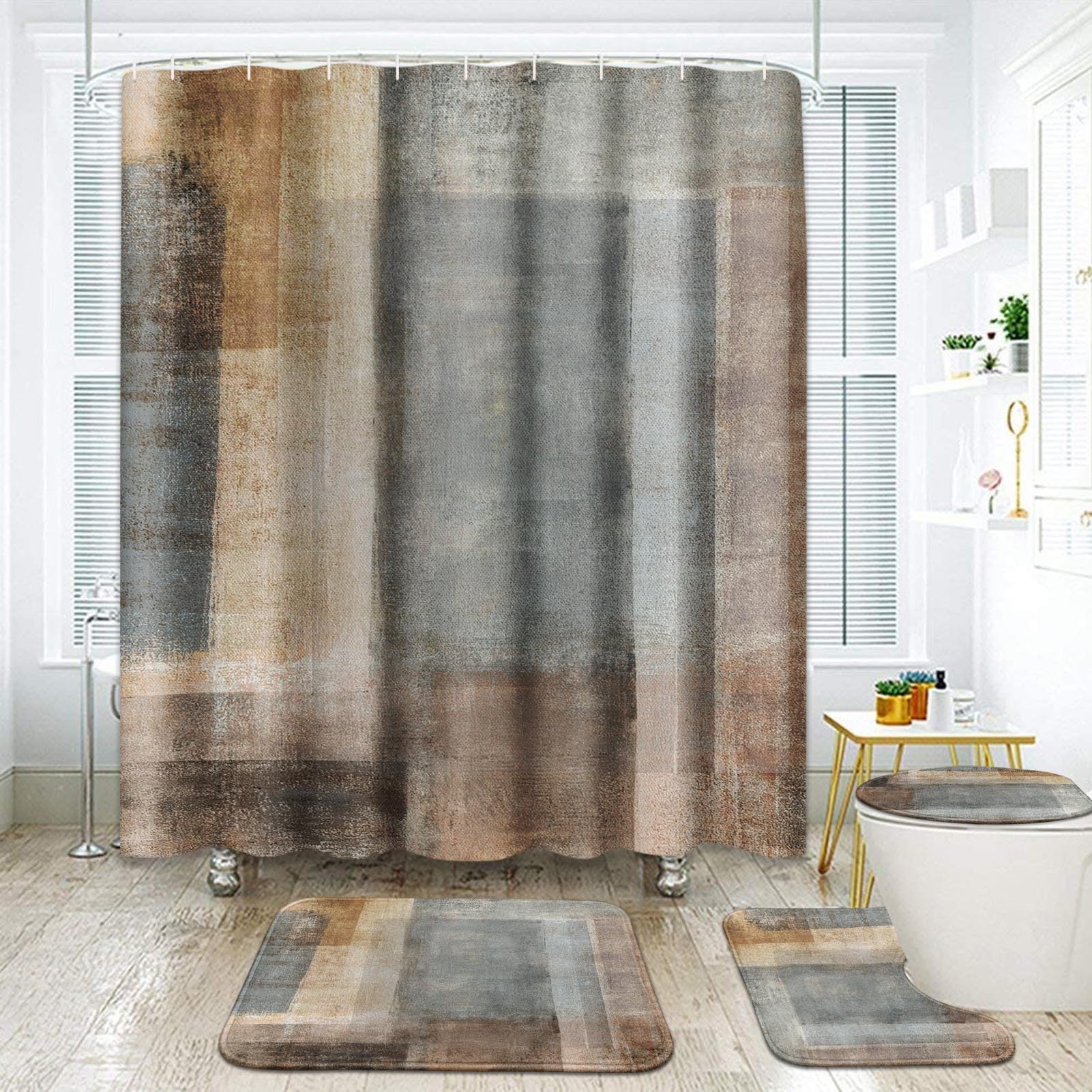 Artsocket Beige Grey Abstract Bathroom Set With Shower Curtain And Rugs Accessory, Painting Brown Abstract Shower Curtain For Ba