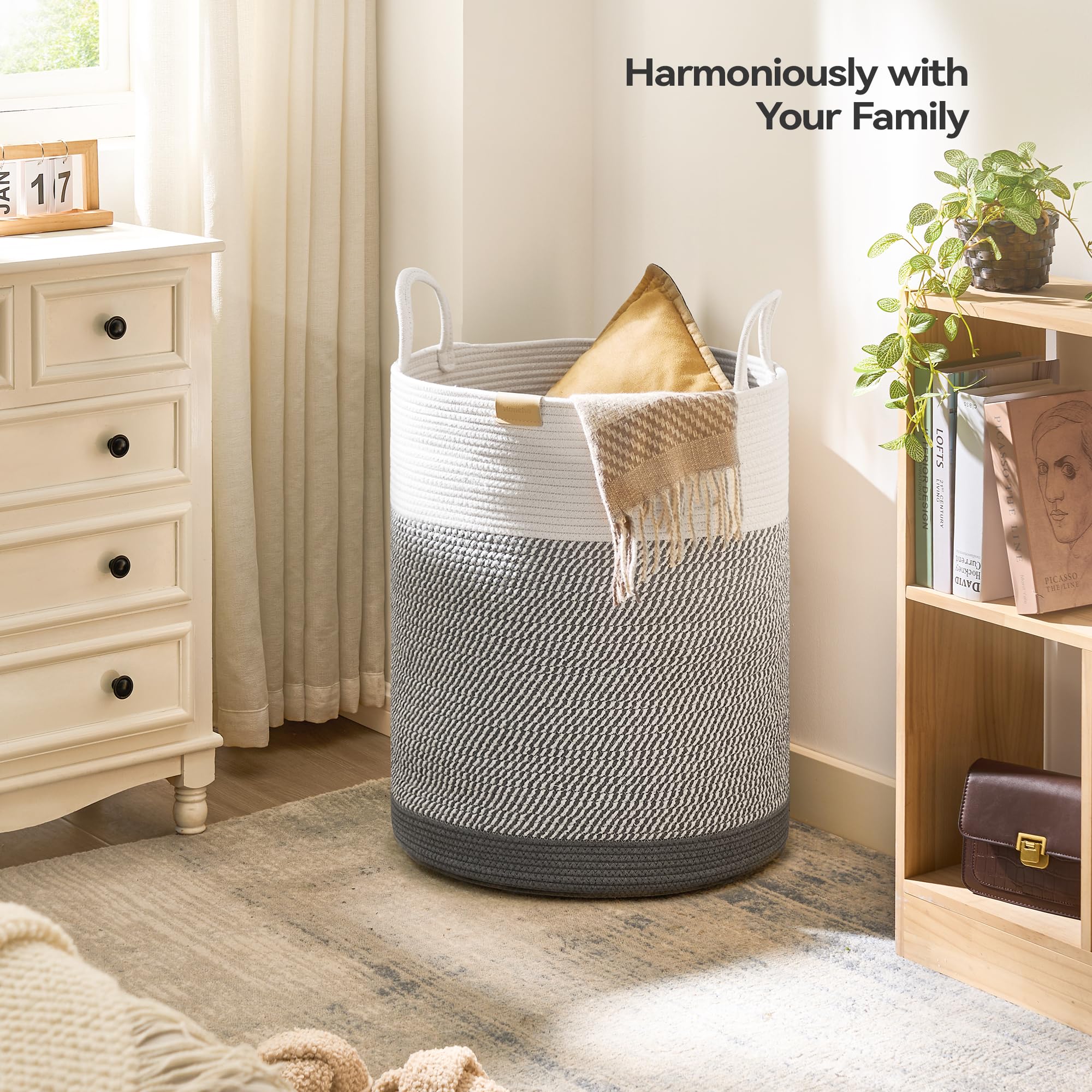 Nunsino 95L Laundry Hamper Basket,Baby Nursery Woven Storage Basket For Toys Bin,Pillows,Blankets,Clothes,Grey&White