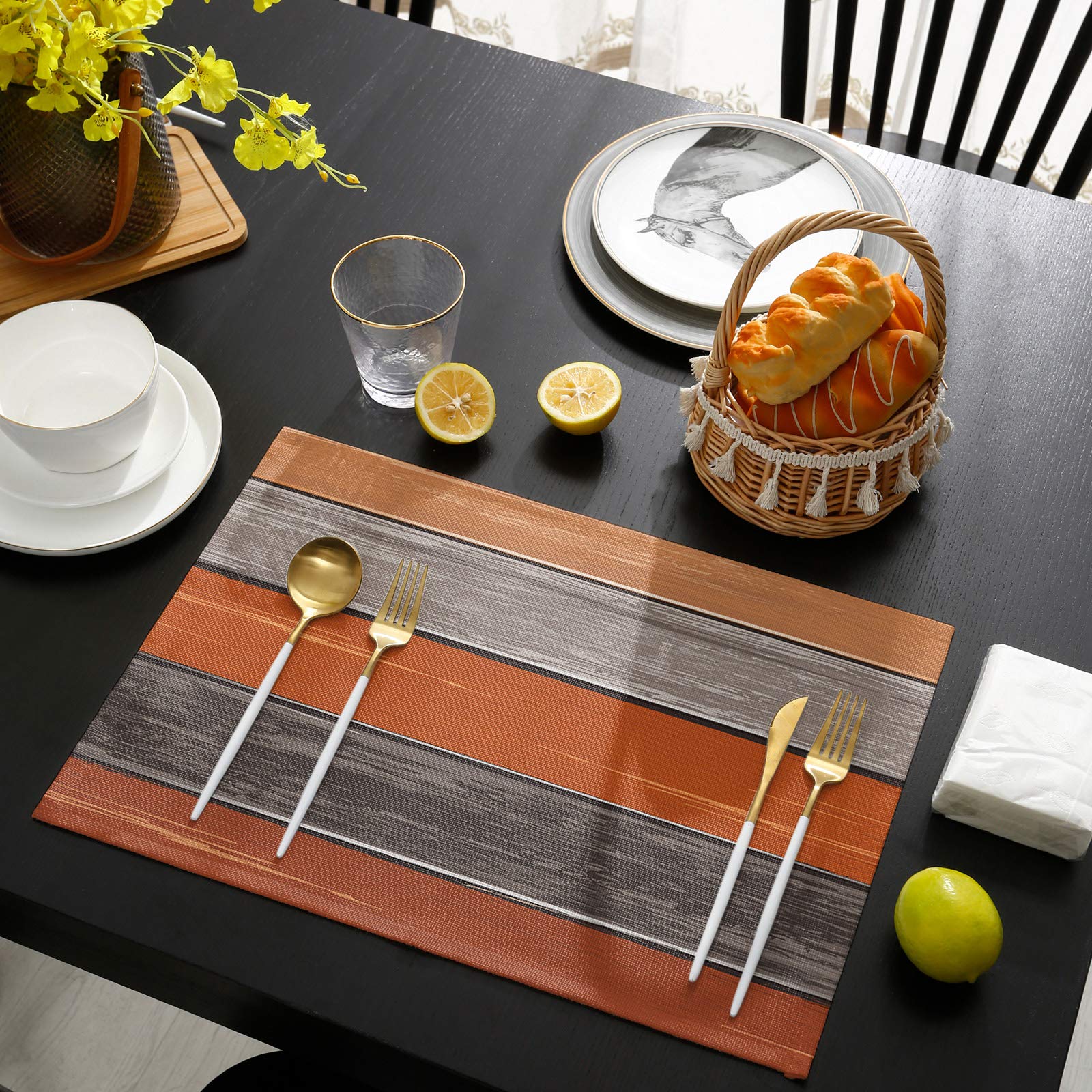 Farmhouse Fall Thanksgiving Placemats Set Of 4, Retro Rustic Barn Wood Texture Polyester Stain Resistant Table Mats Washable Pla