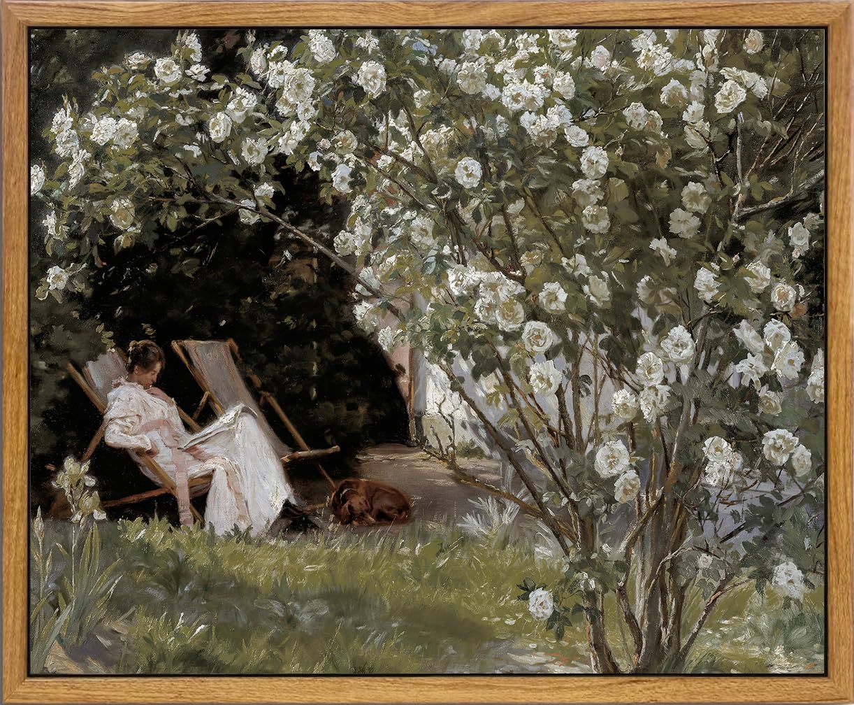 Kbkbart Framed Vintage Canvas Wall Art, Retro French Country Garden Women Flower Classical Painting Bedroom Art Print, Rustic Vi