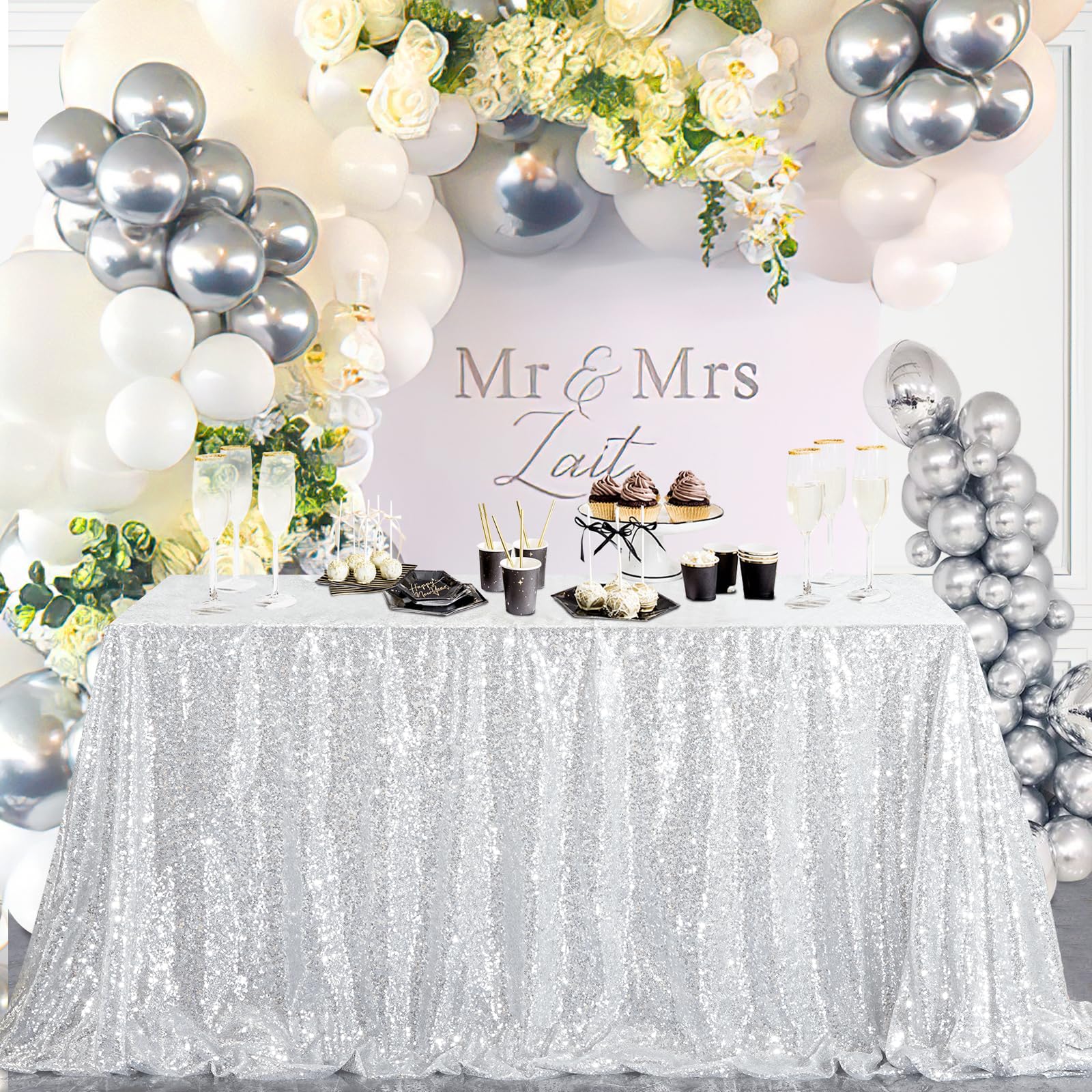 B-Cool Glitter Tablecloth Silver Sequin Tablecloth Christmas 90X132 Inch Rectangle Sequin Overlay Sparkly Table Cloth Sequin Fab