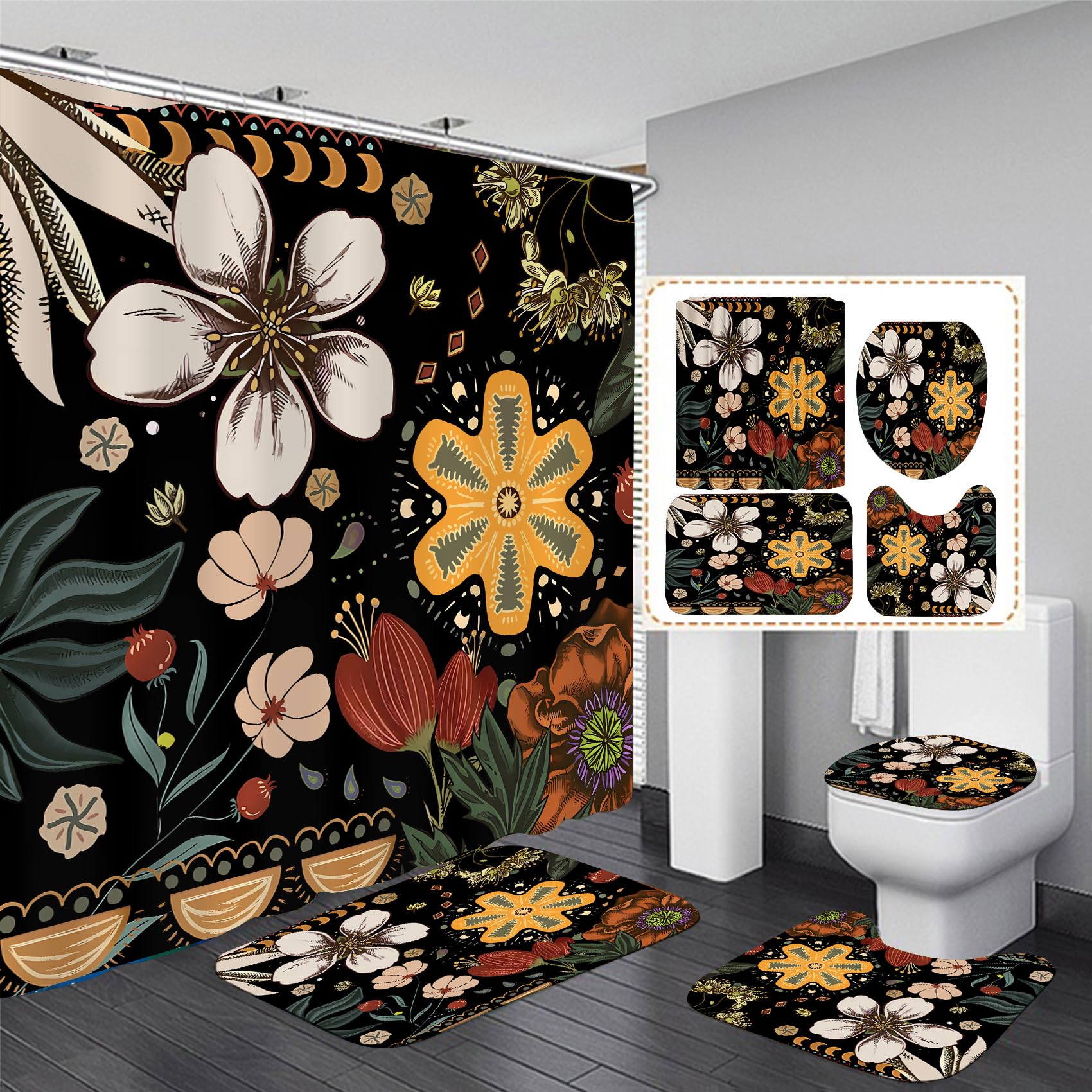 Xswpl Shower Curtain Set 4 Pcs Black Bathroom Sets With Shower Curtain And Rugs Boho Bathroom Curtains Shower Set Bathroom Decor