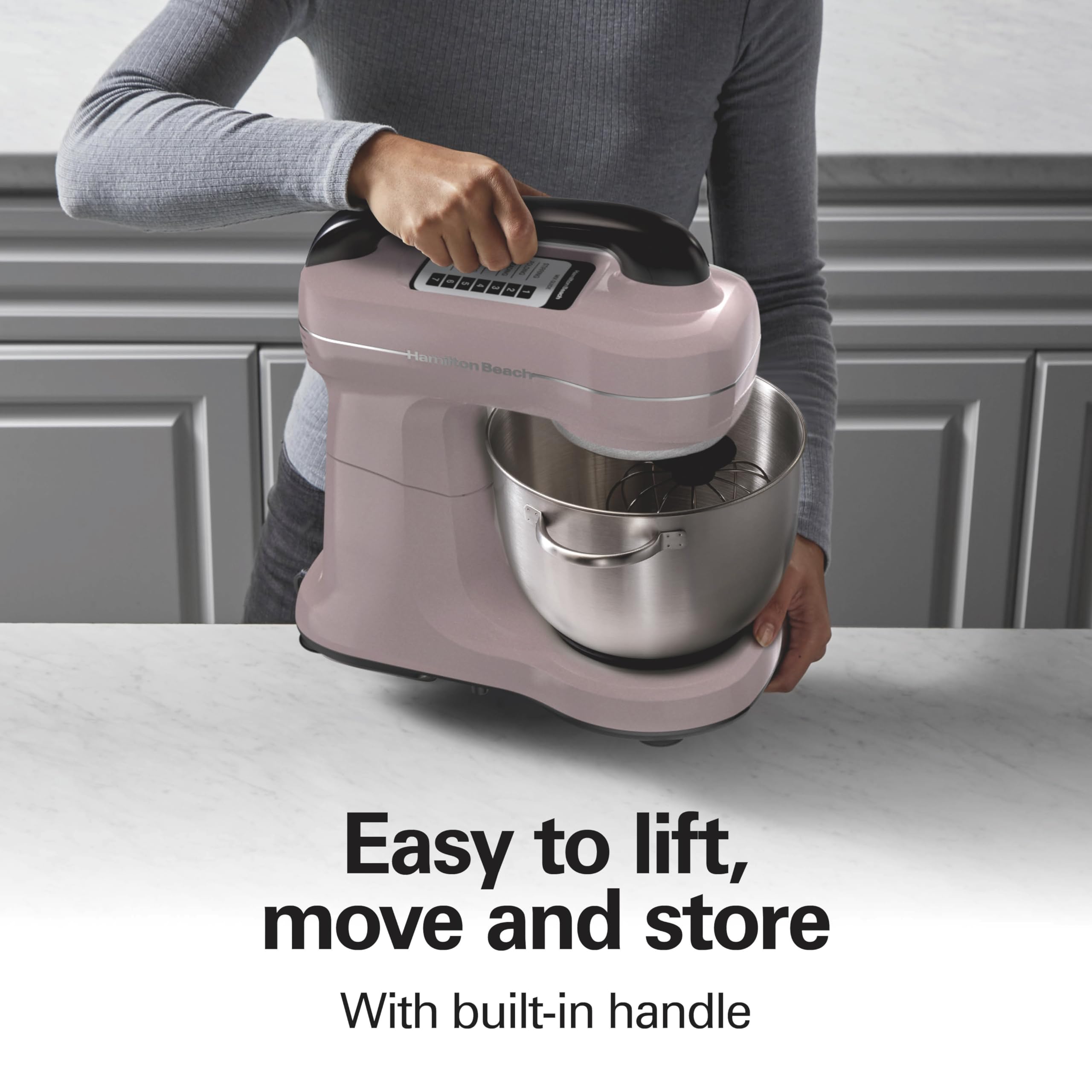 Hamilton Beach Electric Stand Mixer, 4 Quarts, Dough Hook, Flat Beater Attachments, Splash Guard, 7 Speeds With Whisk, Pink