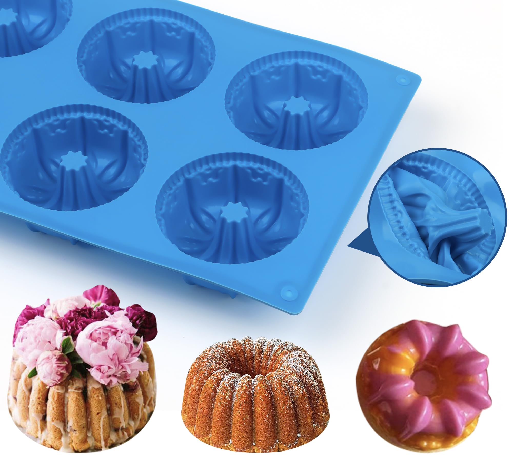 Sidosir Mini Fluted Tube Cake Pan, 6Cavity Heritage Fluted Tube Cake Silicone Mold For Baking,Non Stick Fancy Molds For Fluted T
