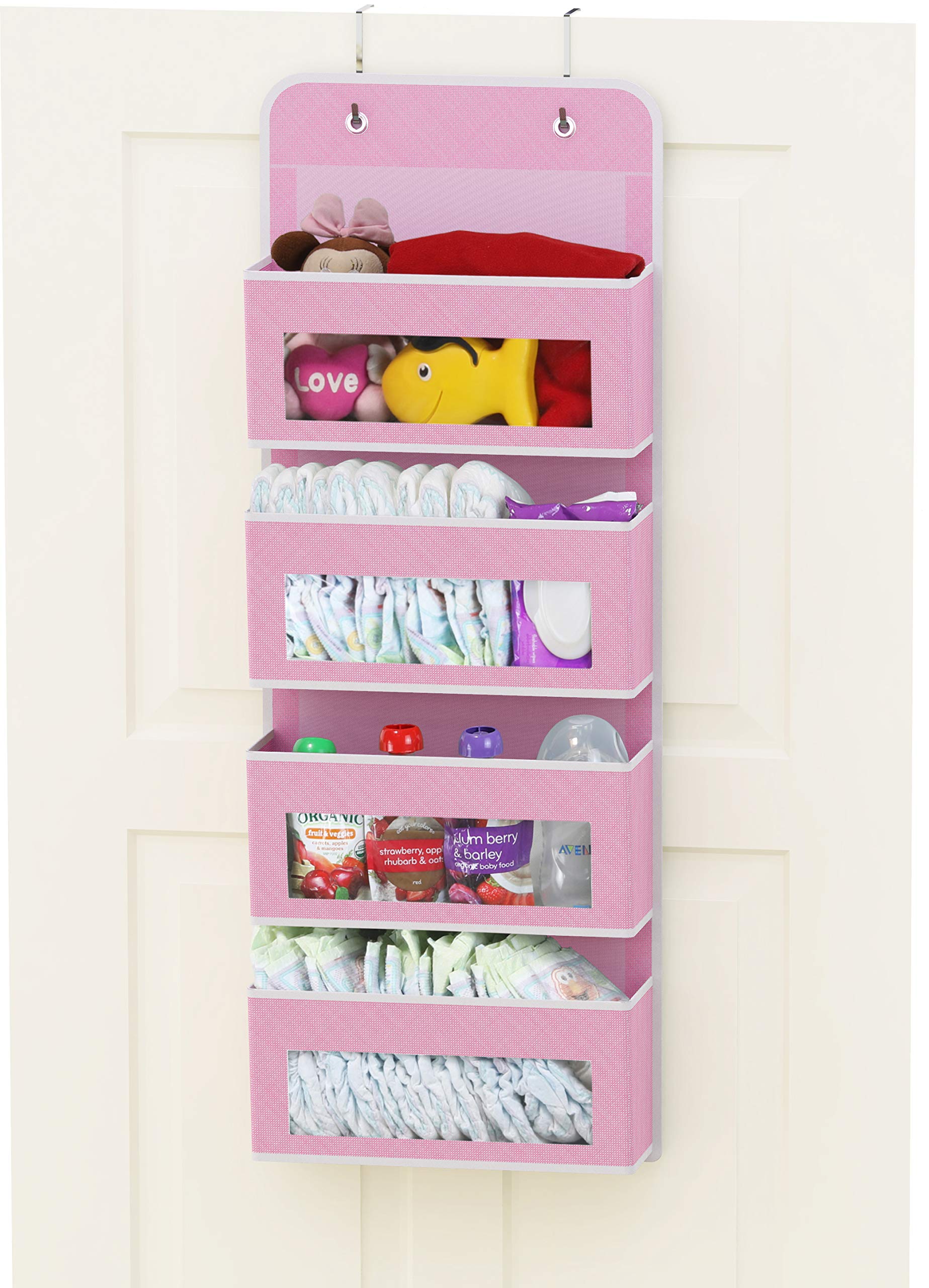 Simple Houseware Over Door/Wall Mount 4 Clear Window Pocket Organizer, Pink