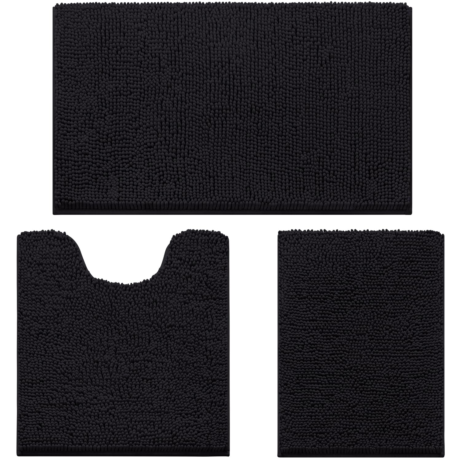 HOMEIDEAS 3 Pieces Bathroom Rugs  Ultra Soft Non Slip Absorbent Chenille Toilet Bath Mat Set (Black)