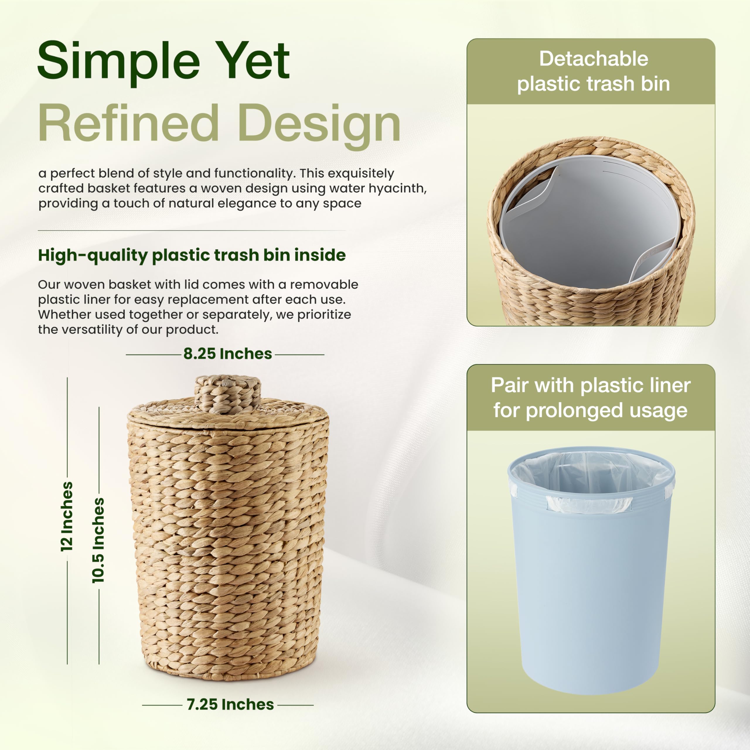 Tidita 1.3 Gallons Wicker Woven Waste Basket With Lid - Water Hyacinth Trash Can For Office Garbage - Handwoven Wastebaskets For