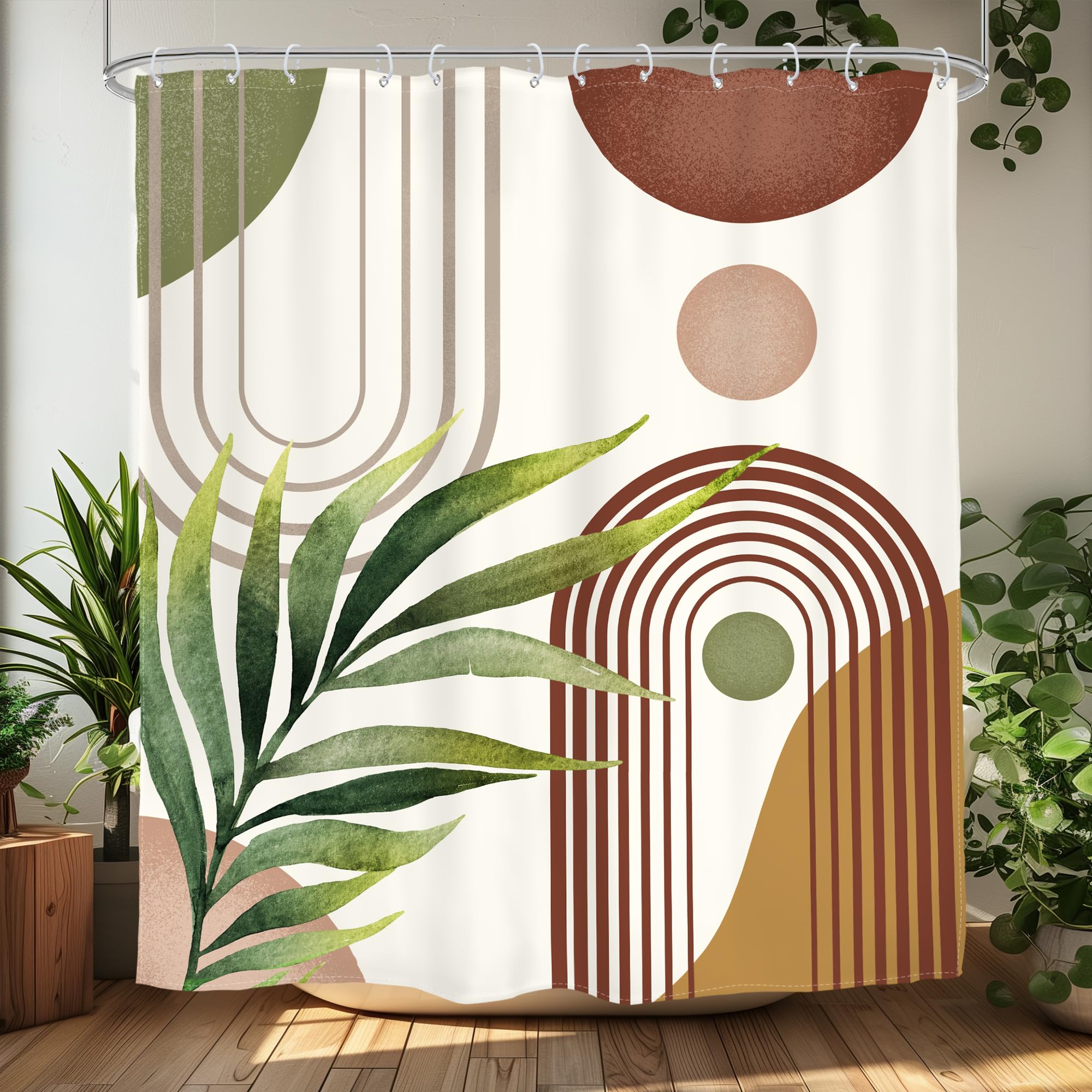 Glawry Green Brown Boho Shower Curtain Abstract Mid Century Plant Tropical Leaves Modern Geometric Bathroom Minimalist Arch Curv