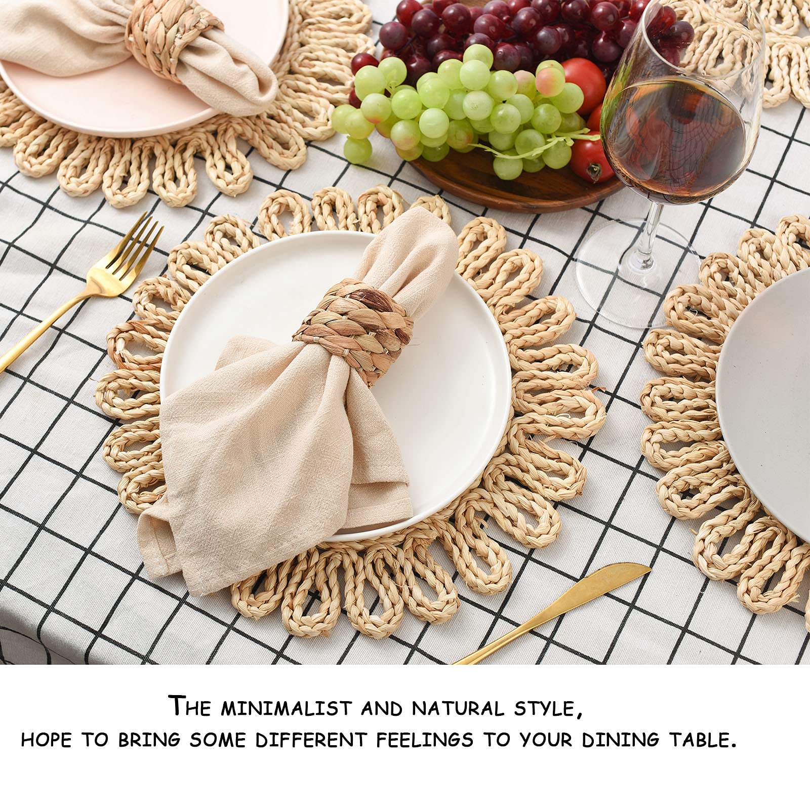 Icosamro Round Woven Placemats For Dining Table Set Of 6, 11 Inch Small Boho Placemats Natural Braided Rattan Rustic Wicker Char