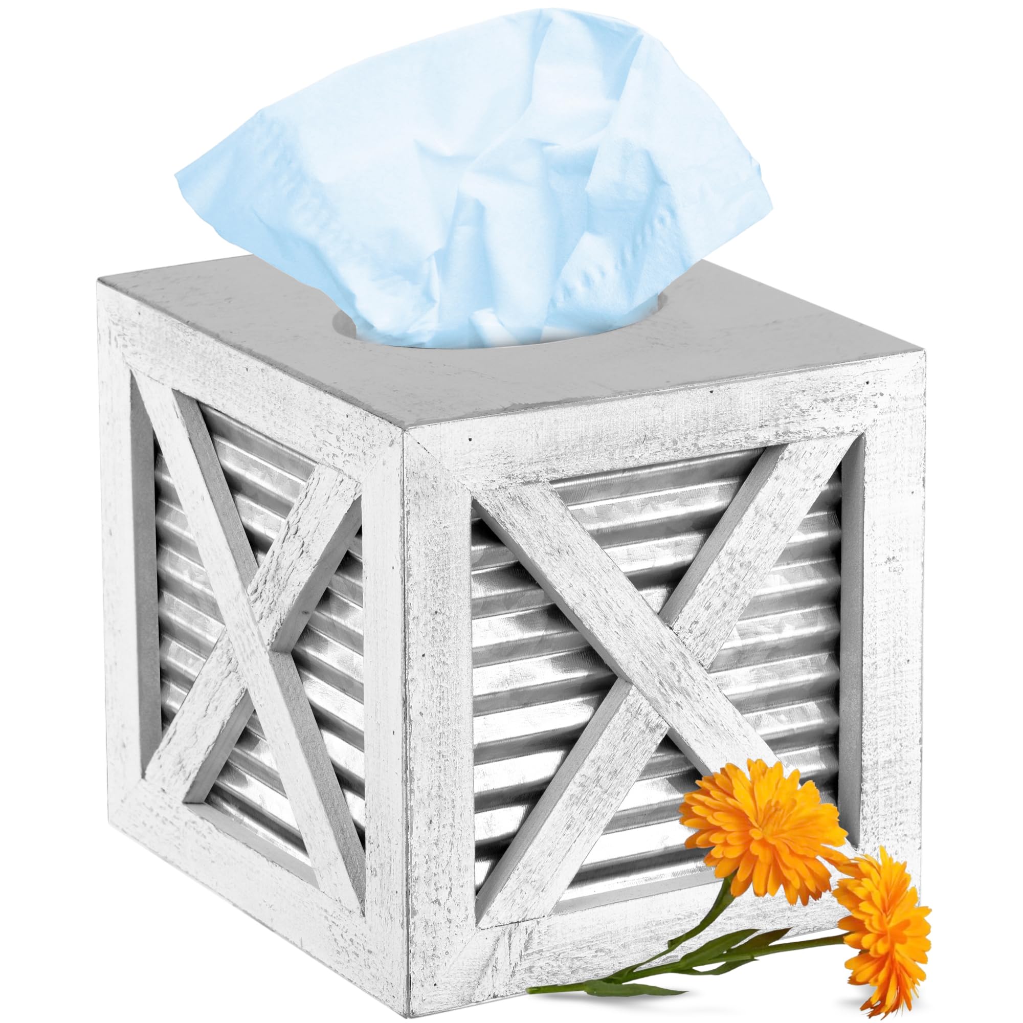 Autumn Alley Barn Door Square Farmhouse Tissue Box Cover In White And Galvanized - Farmhouse Bathroom Accessories - Rustic Bathr