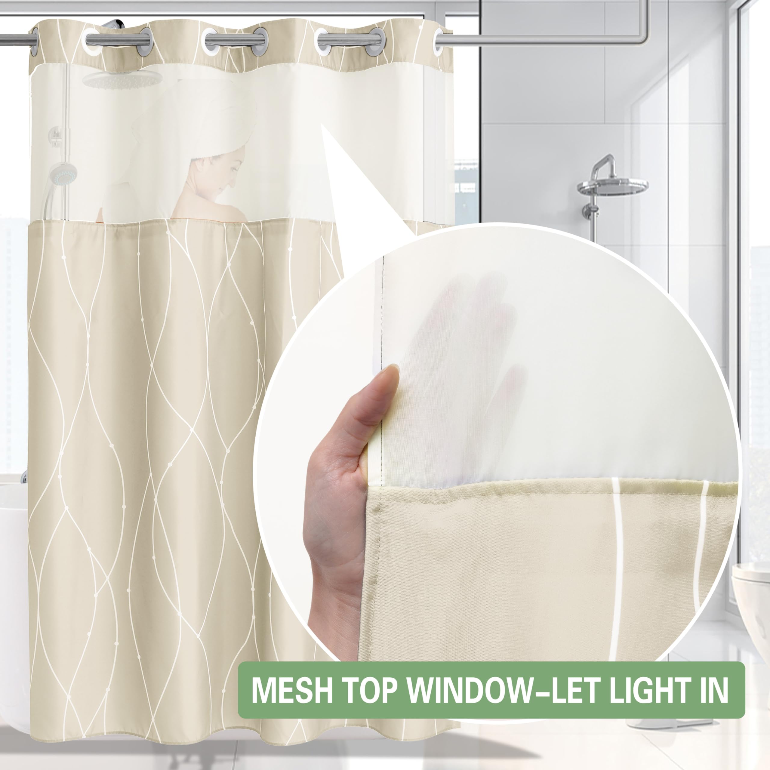 Konzent Beige White Striped Fabric Shower Curtain With Snap In Liner For Bathroom Bathtubs,Hotel Shower Curtain And Liner Set Wi
