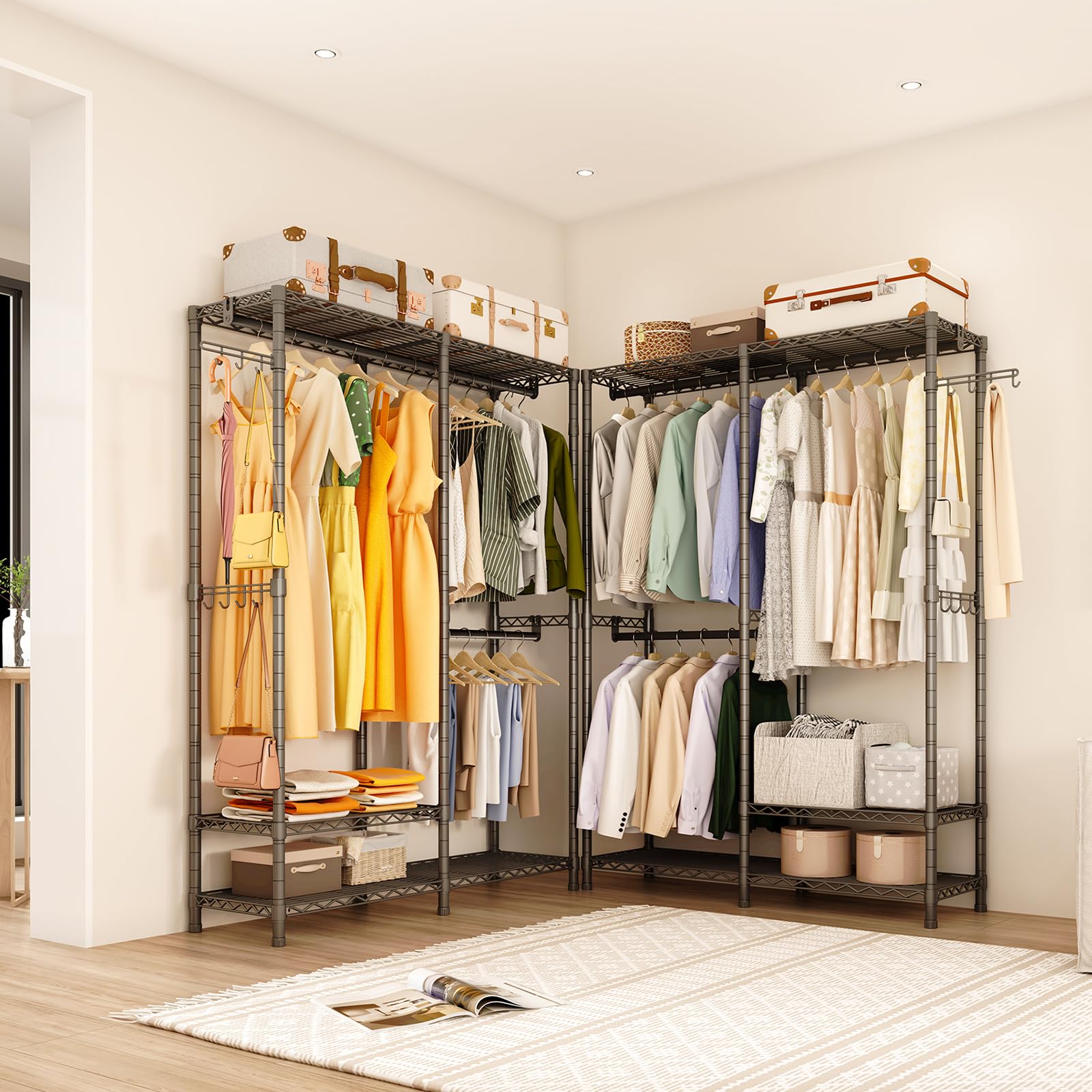 Exglobol Rolling Clothes Rack, Heavy Duty Garment Rack For Hanging Clothes, Wire Adjustable Rolling Clothing Rack With Lockable